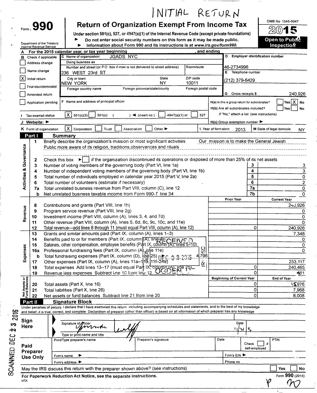 Image of first page of 2015 Form 990 for Jgads Nyc