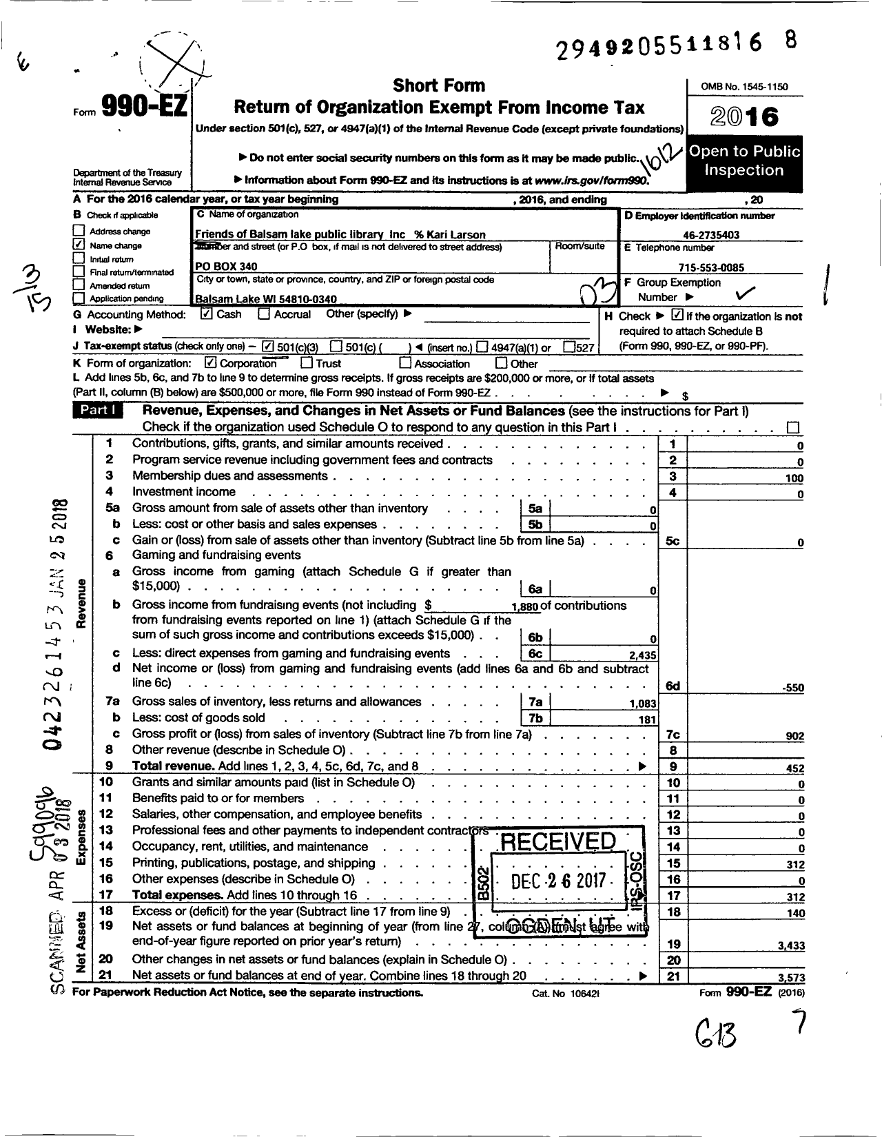 Image of first page of 2016 Form 990EZ for Friends of Balsam Lake Public Library