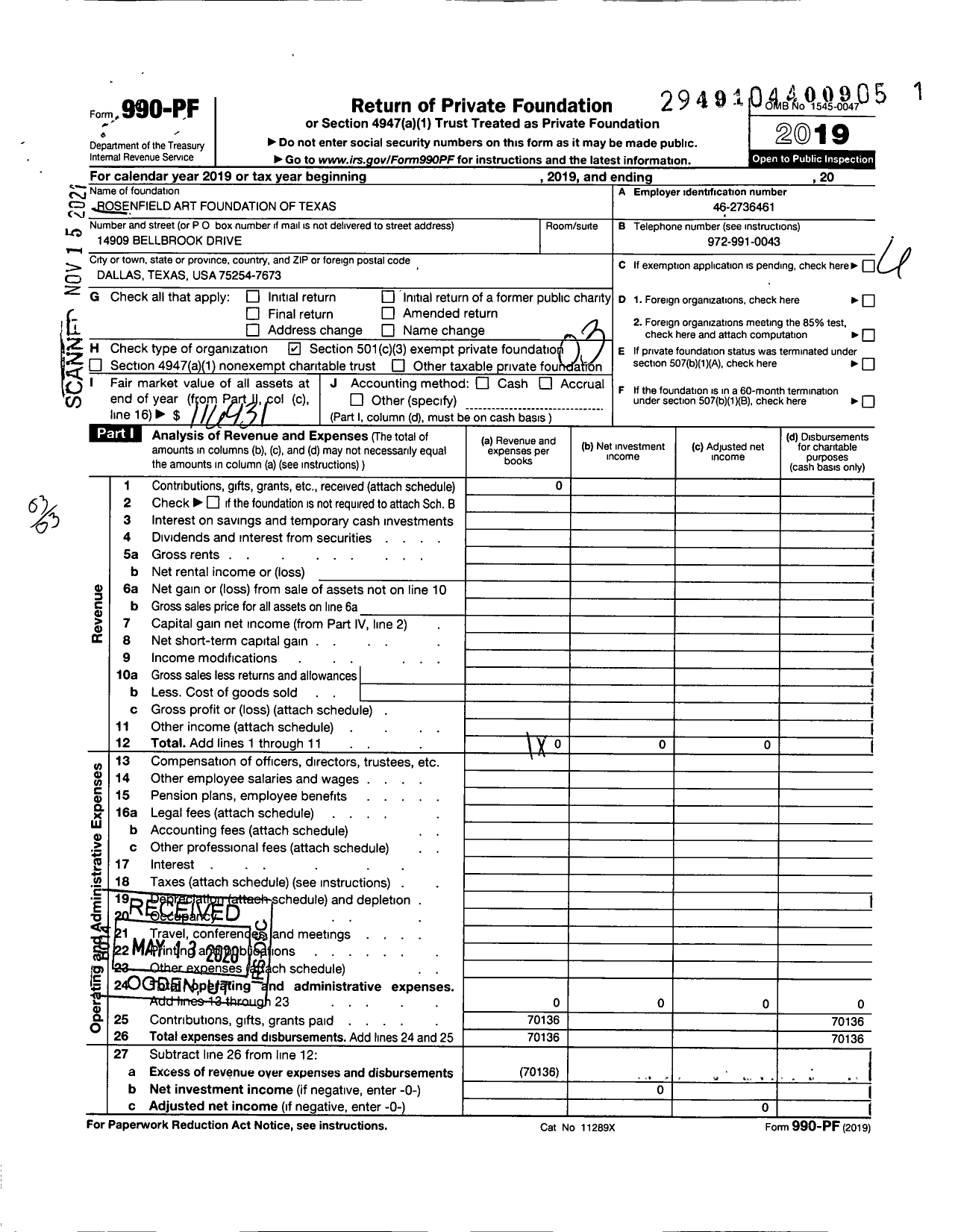 Image of first page of 2019 Form 990PF for Rosenfield Art Foundation of Texas