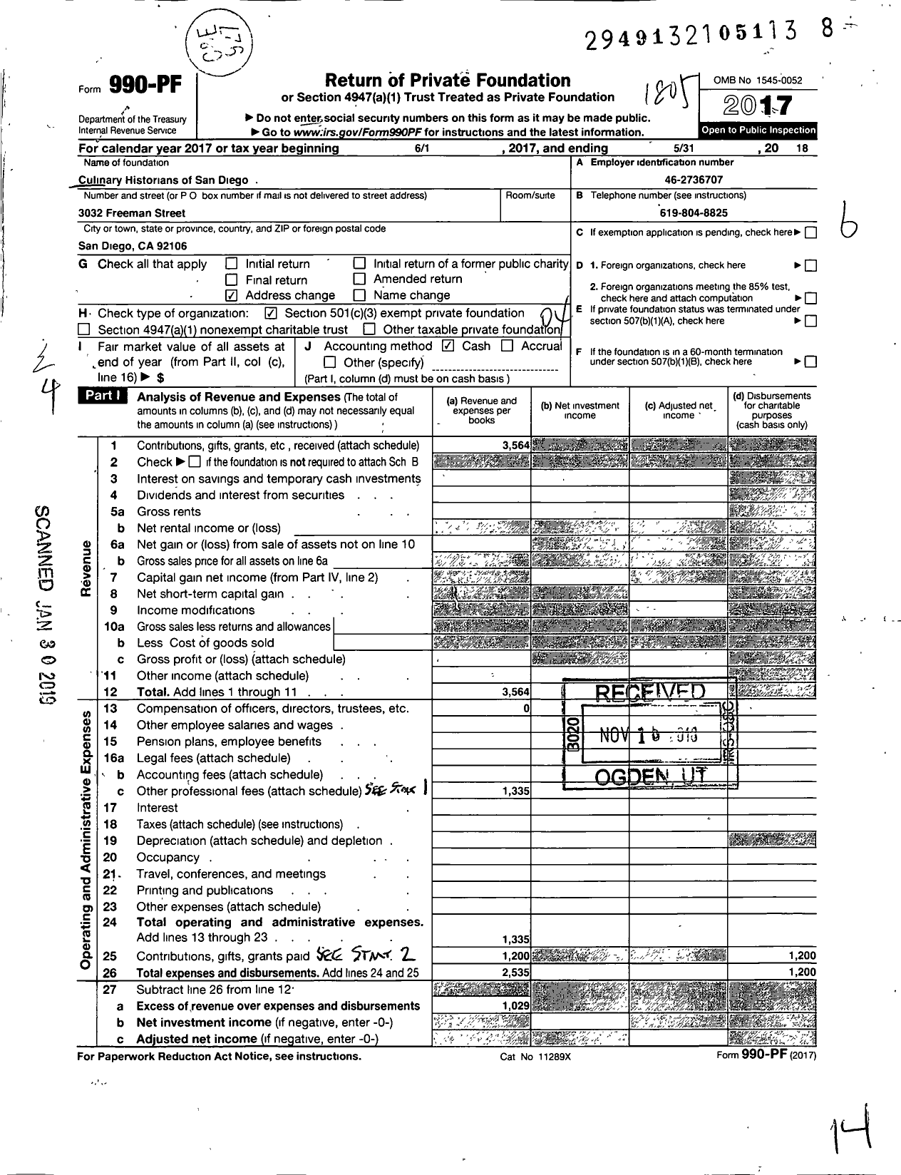 Image of first page of 2017 Form 990PF for Culinary Historians of San Diego