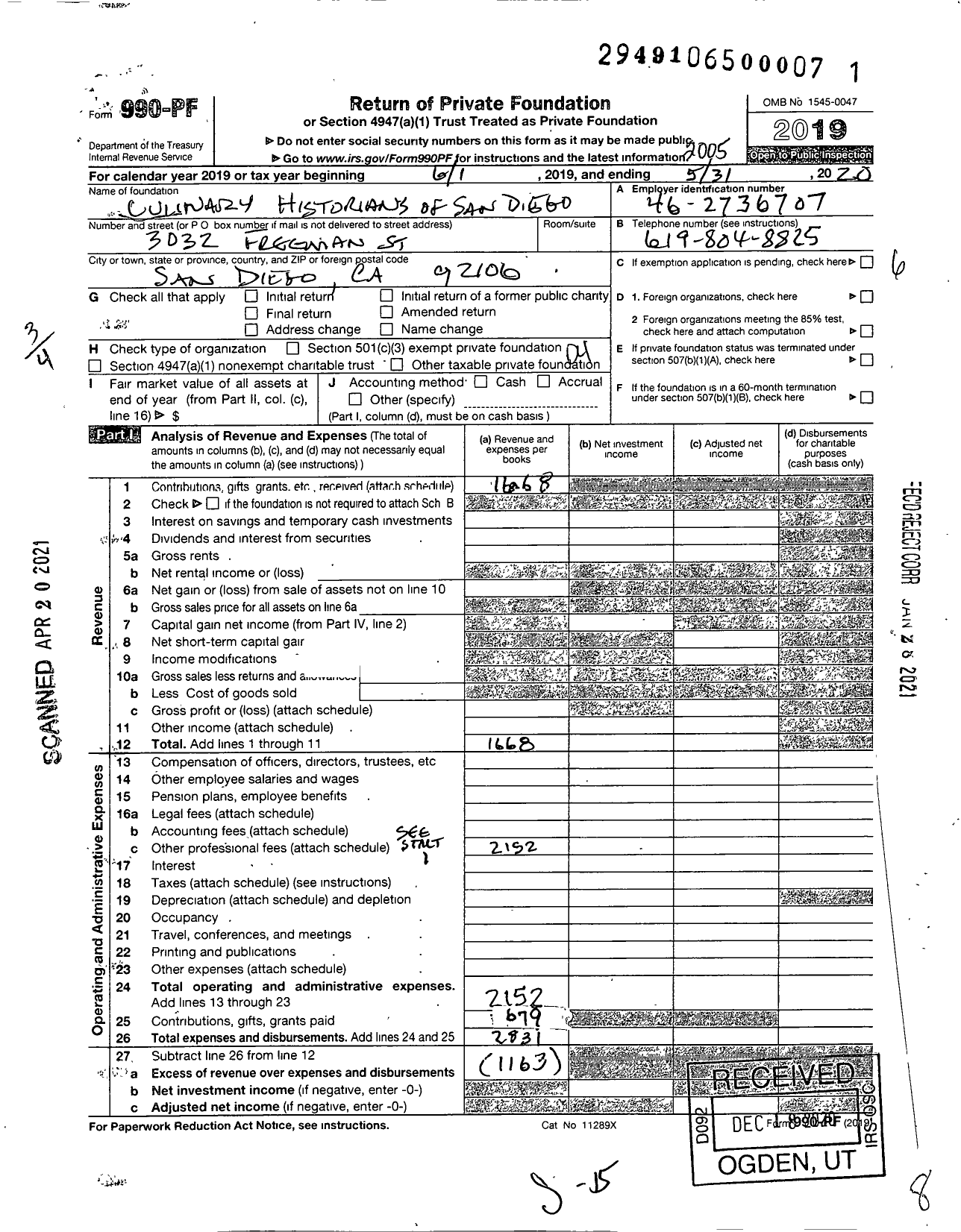 Image of first page of 2019 Form 990PF for Culinary Historians of San Diego