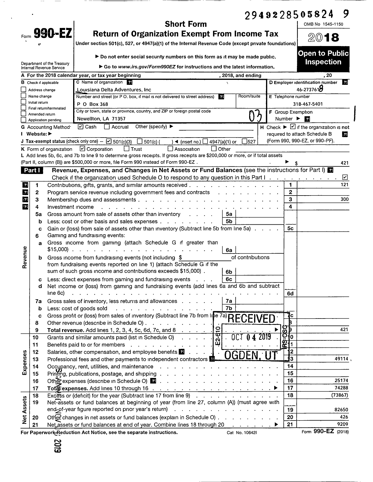 Image of first page of 2018 Form 990EZ for Louisiana Delta Adventures