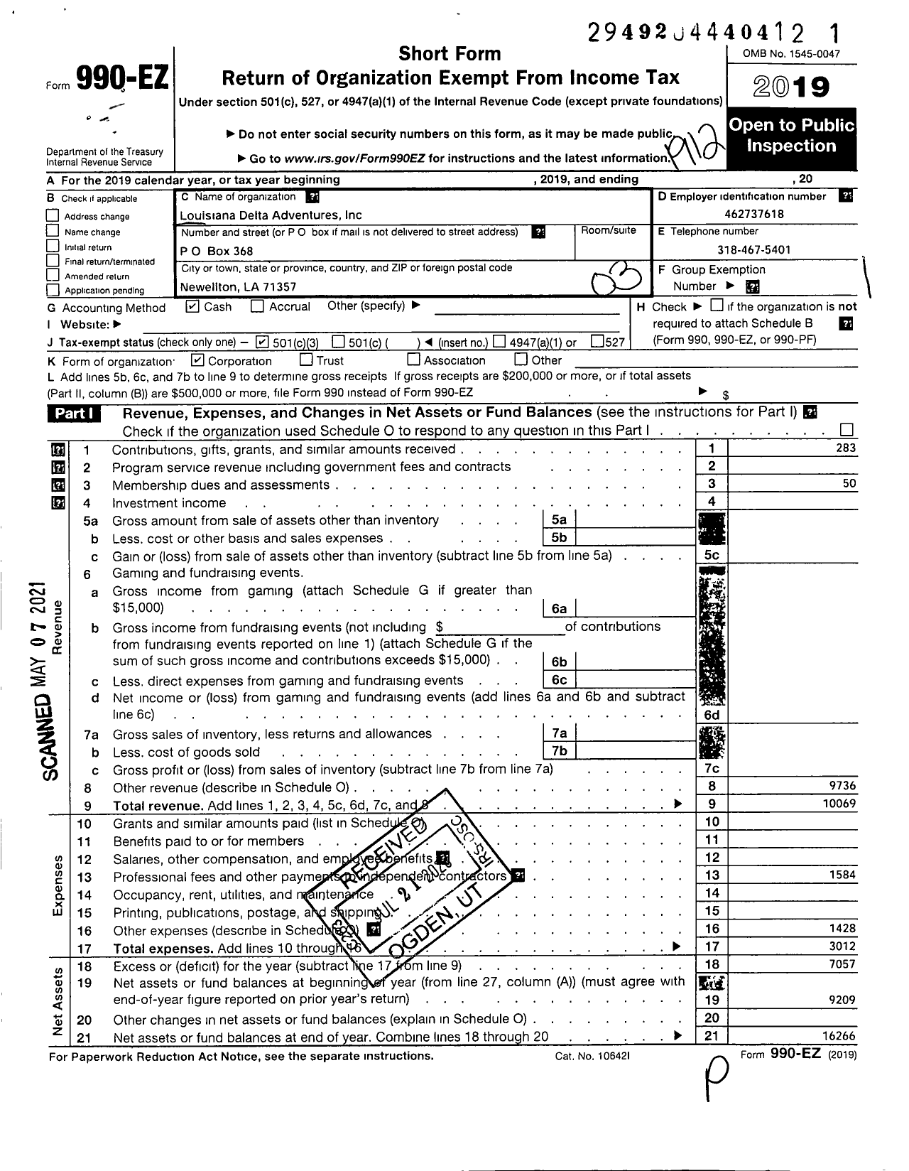 Image of first page of 2019 Form 990EZ for Louisiana Delta Adventures