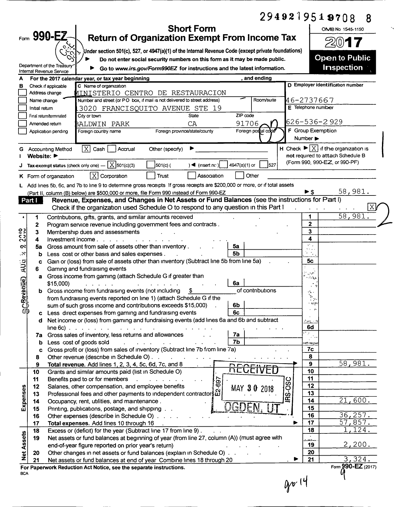 Image of first page of 2017 Form 990EZ for Ministerio Centro de Restauracion Familiar