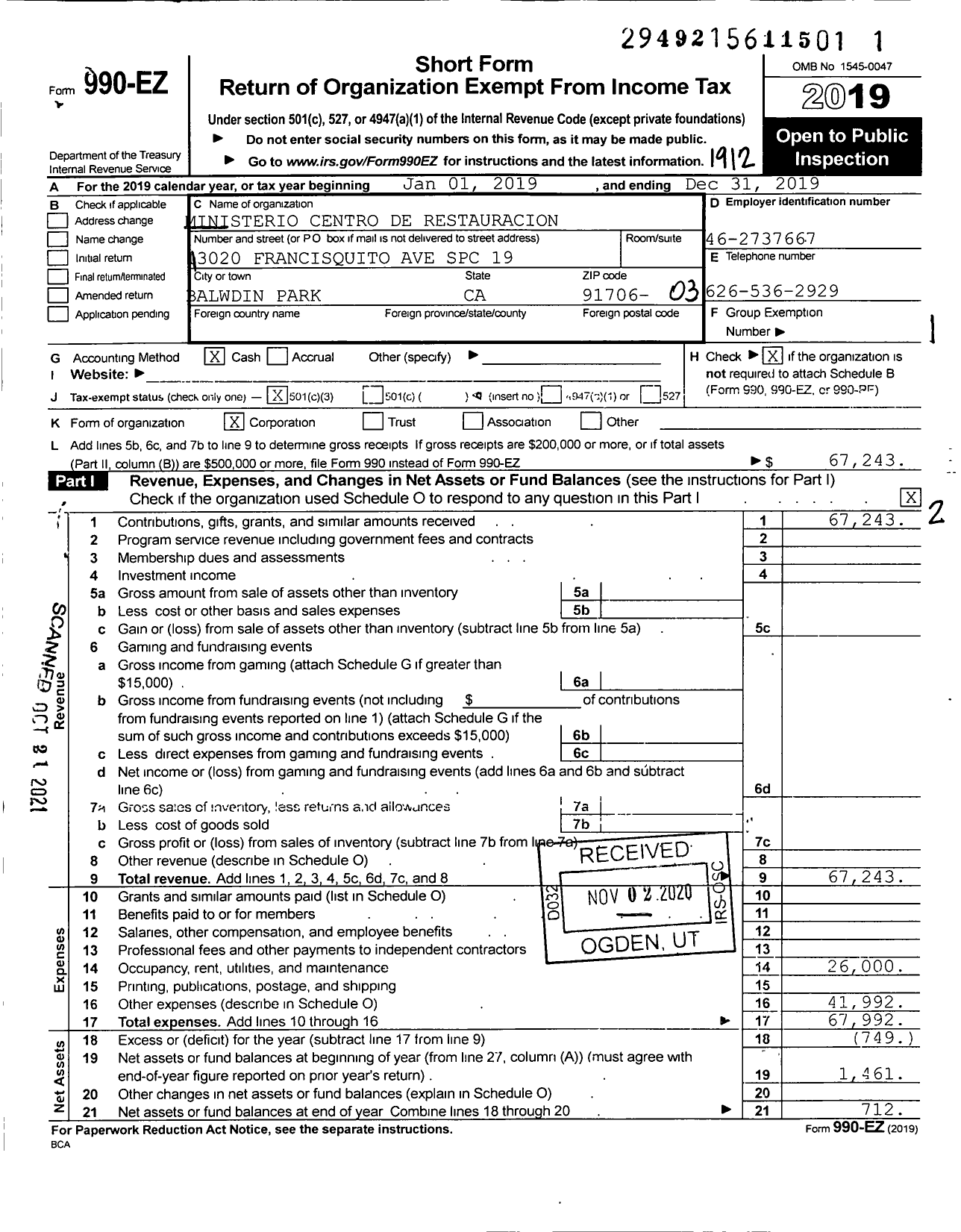 Image of first page of 2019 Form 990EZ for Ministerio Centro de Restauracion Familiar