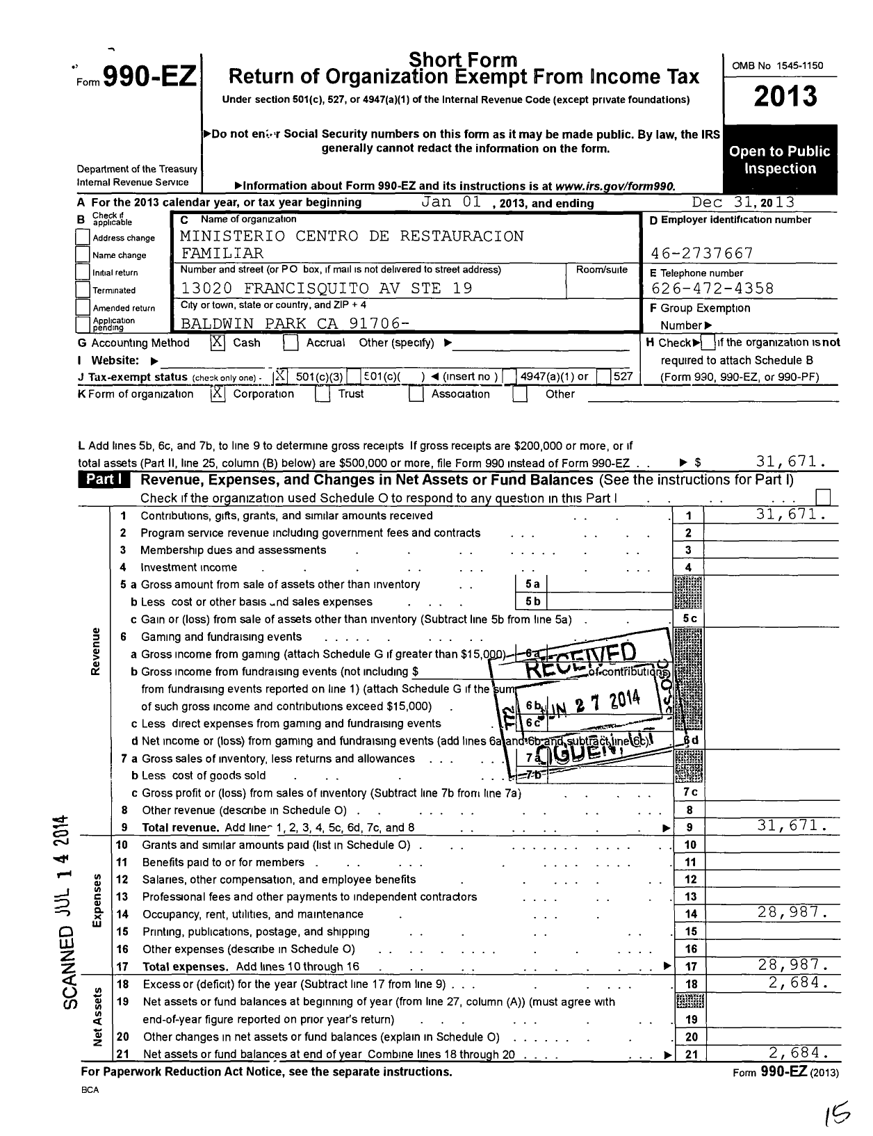 Image of first page of 2013 Form 990EZ for Ministerio Centro de Restauracion Familiar