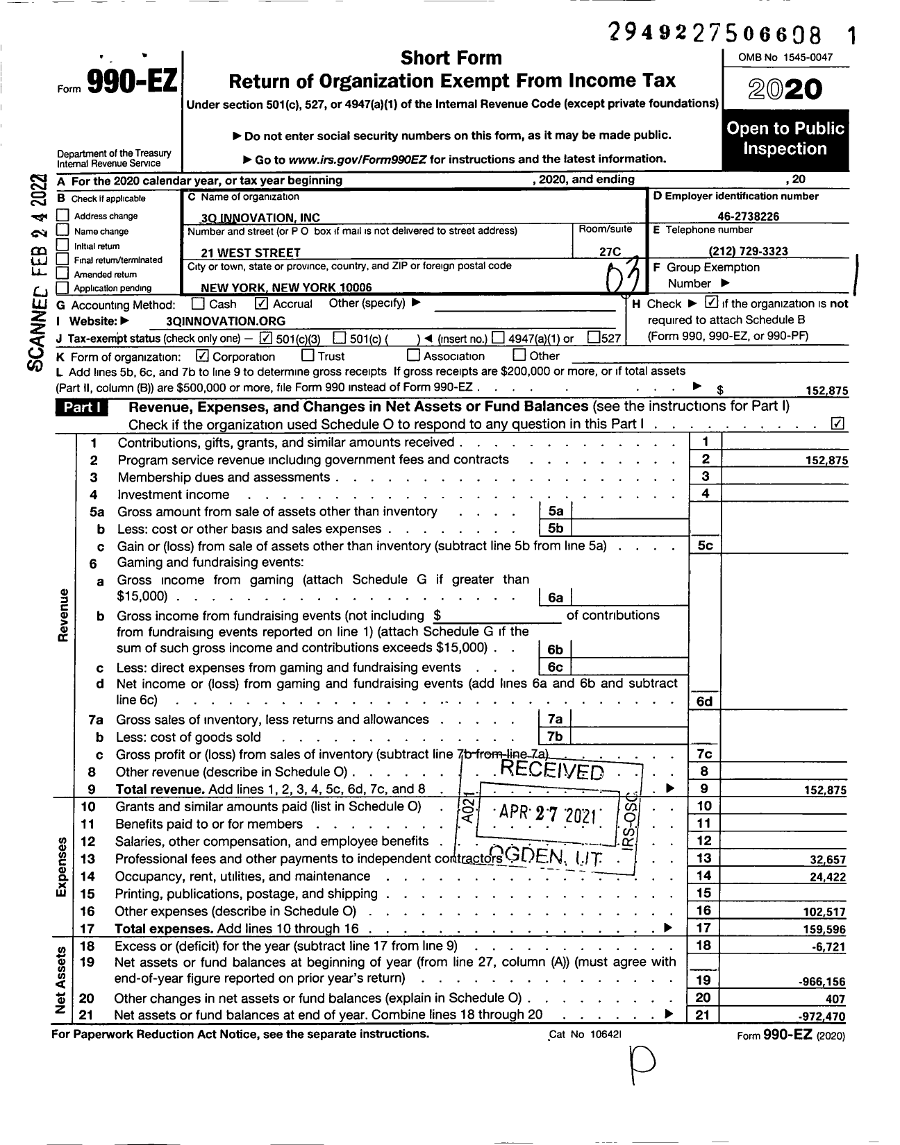 Image of first page of 2020 Form 990EZ for 3Q Innovation