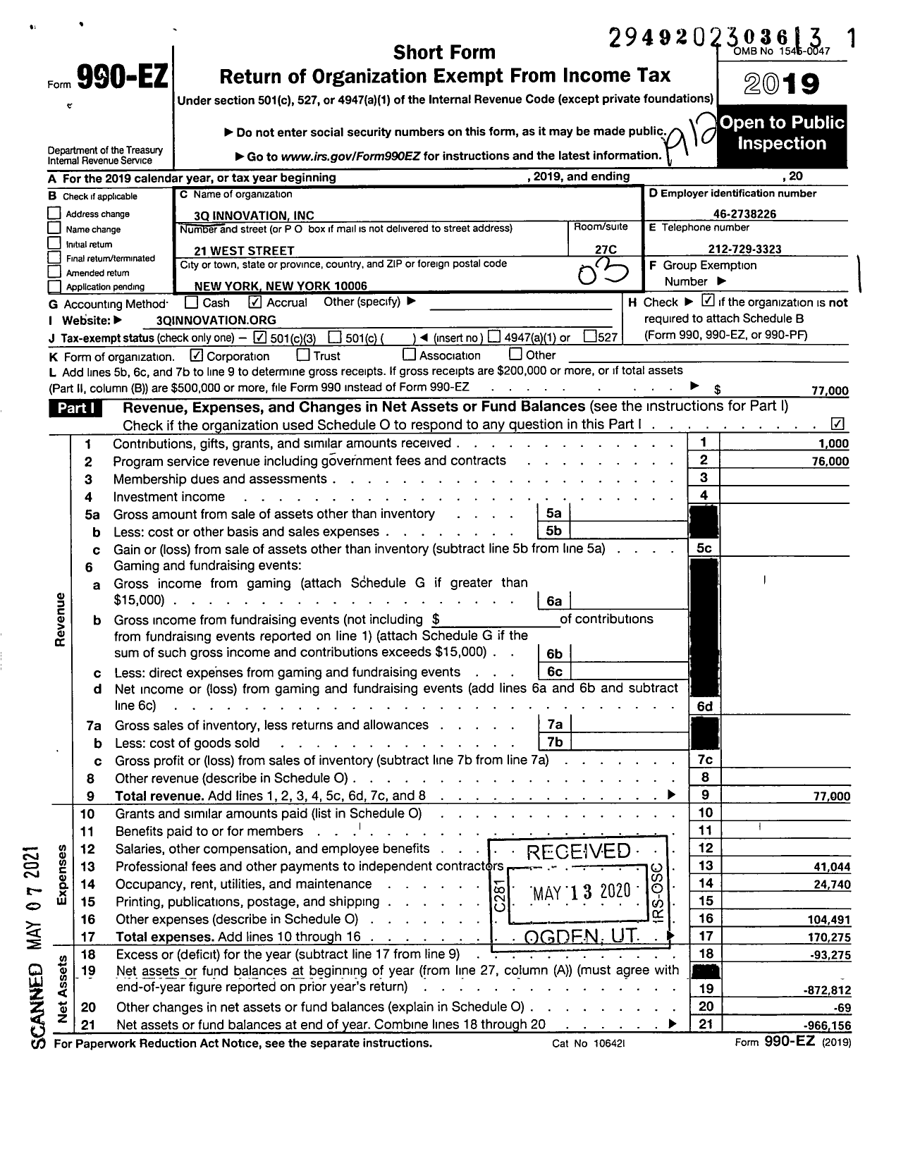 Image of first page of 2019 Form 990EZ for 3Q Innovation