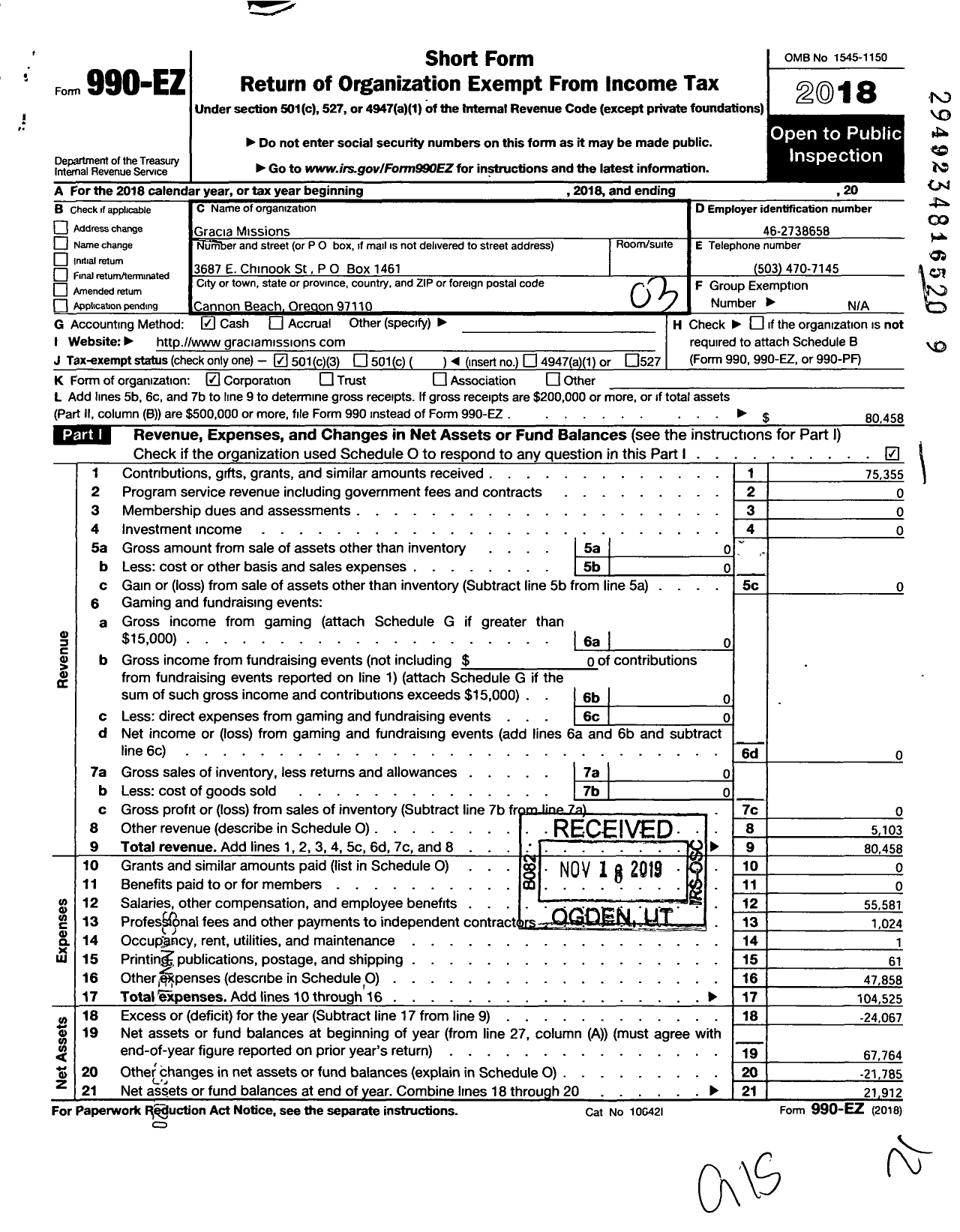 Image of first page of 2018 Form 990EZ for Gracia Missions