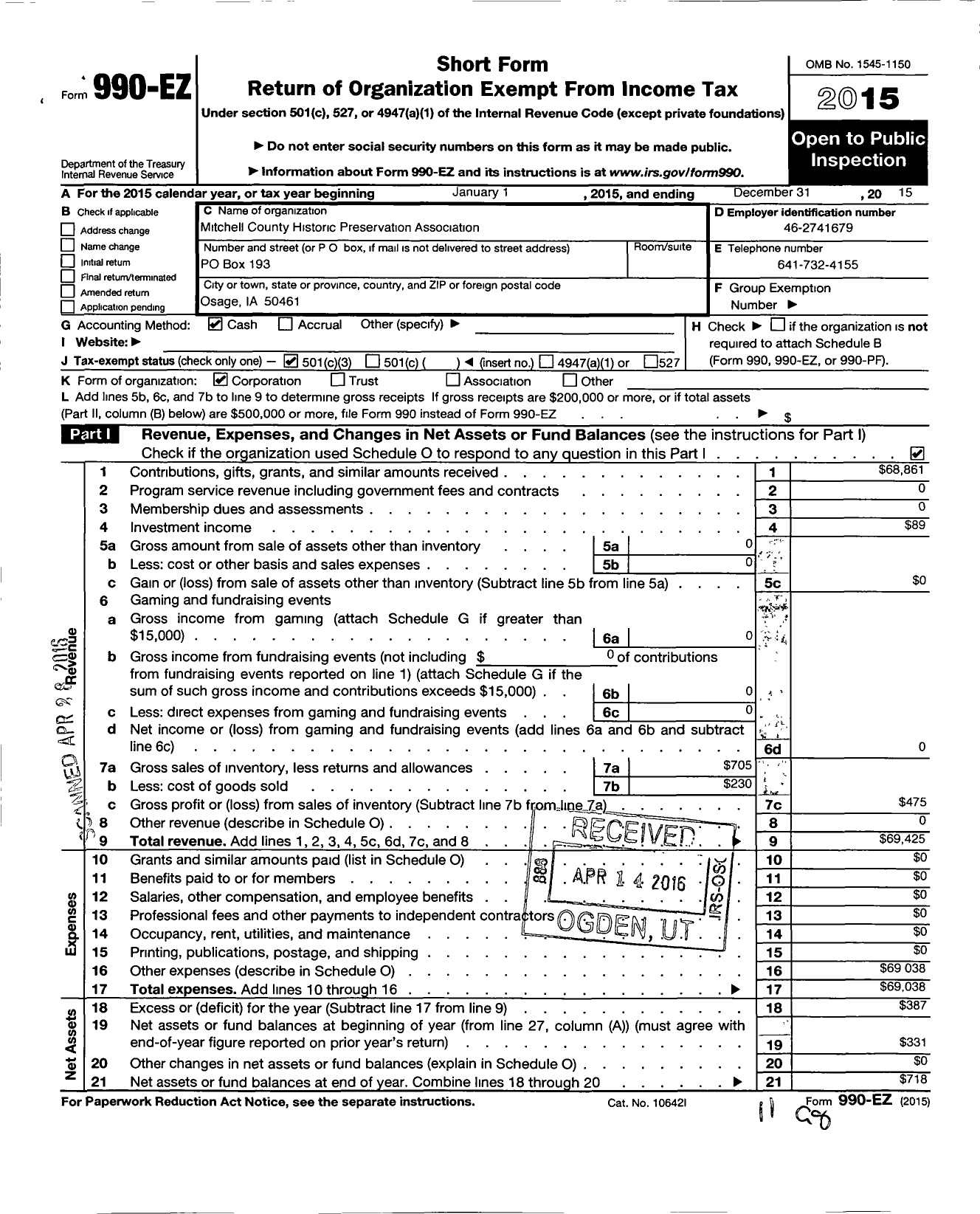 Image of first page of 2015 Form 990EZ for Mitchell County Historic Preservation Association