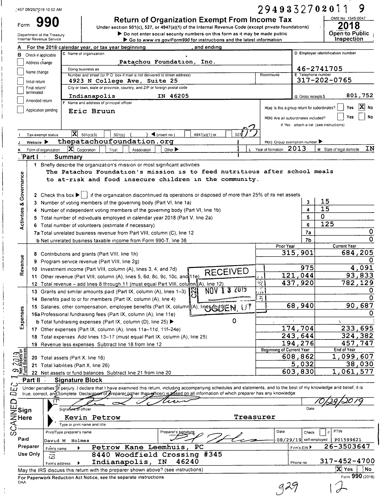 Image of first page of 2018 Form 990 for Patachou Foundation