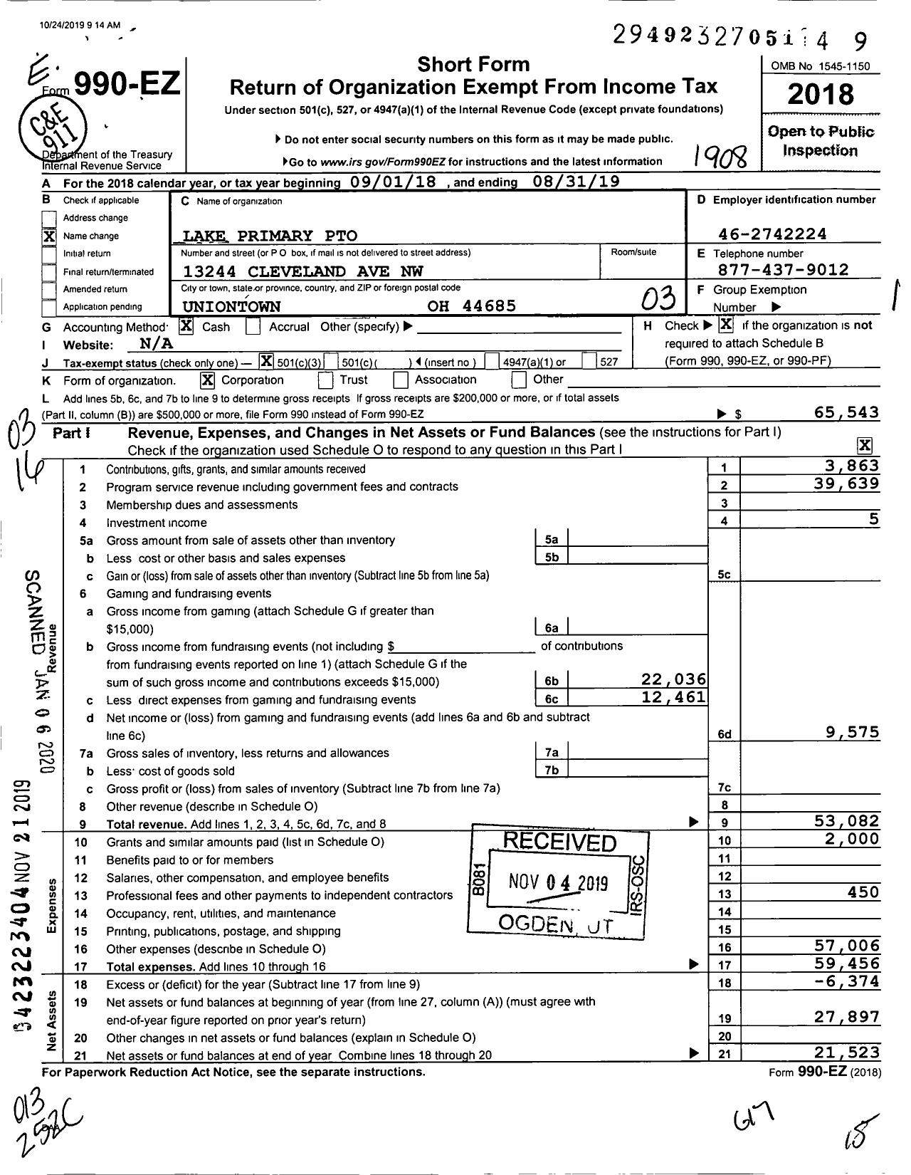 Image of first page of 2018 Form 990EZ for Lake Primary Pto
