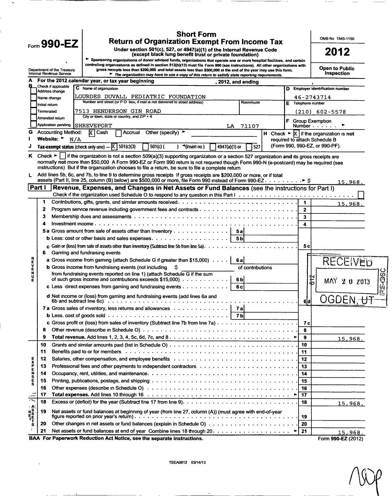 Image of first page of 2012 Form 990EZ for Lourdes Duvall Pediatric Foundation