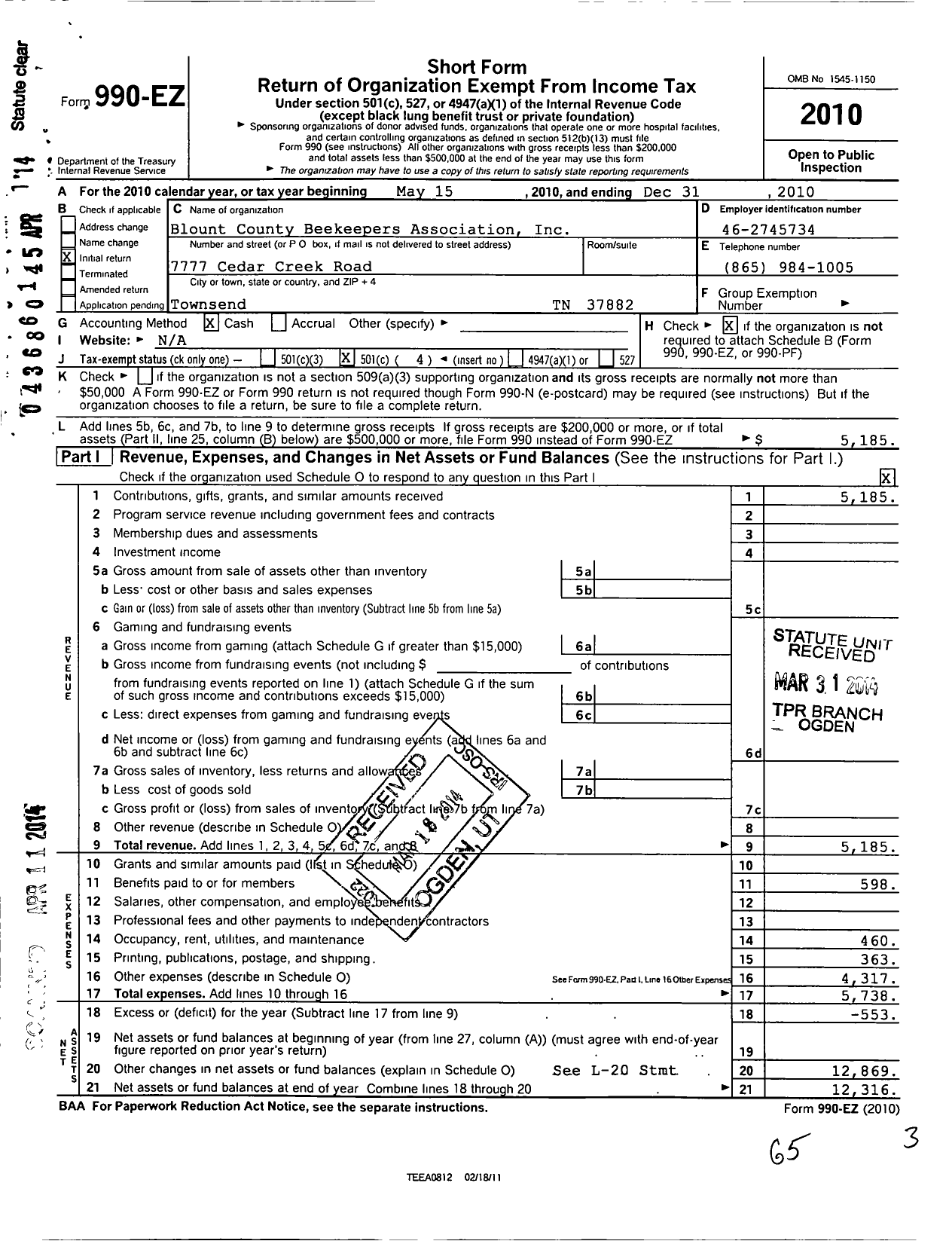 Image of first page of 2010 Form 990EO for Blount County Beekeepers Association