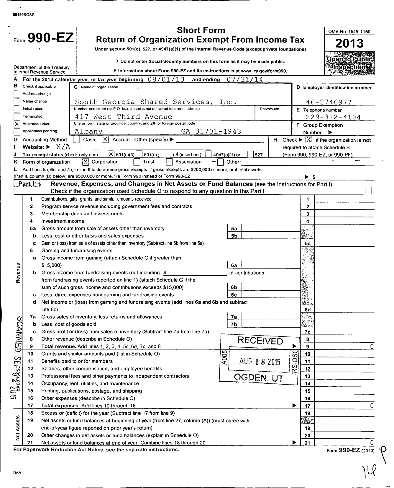 Image of first page of 2013 Form 990EZ for South Georgia Shared Services