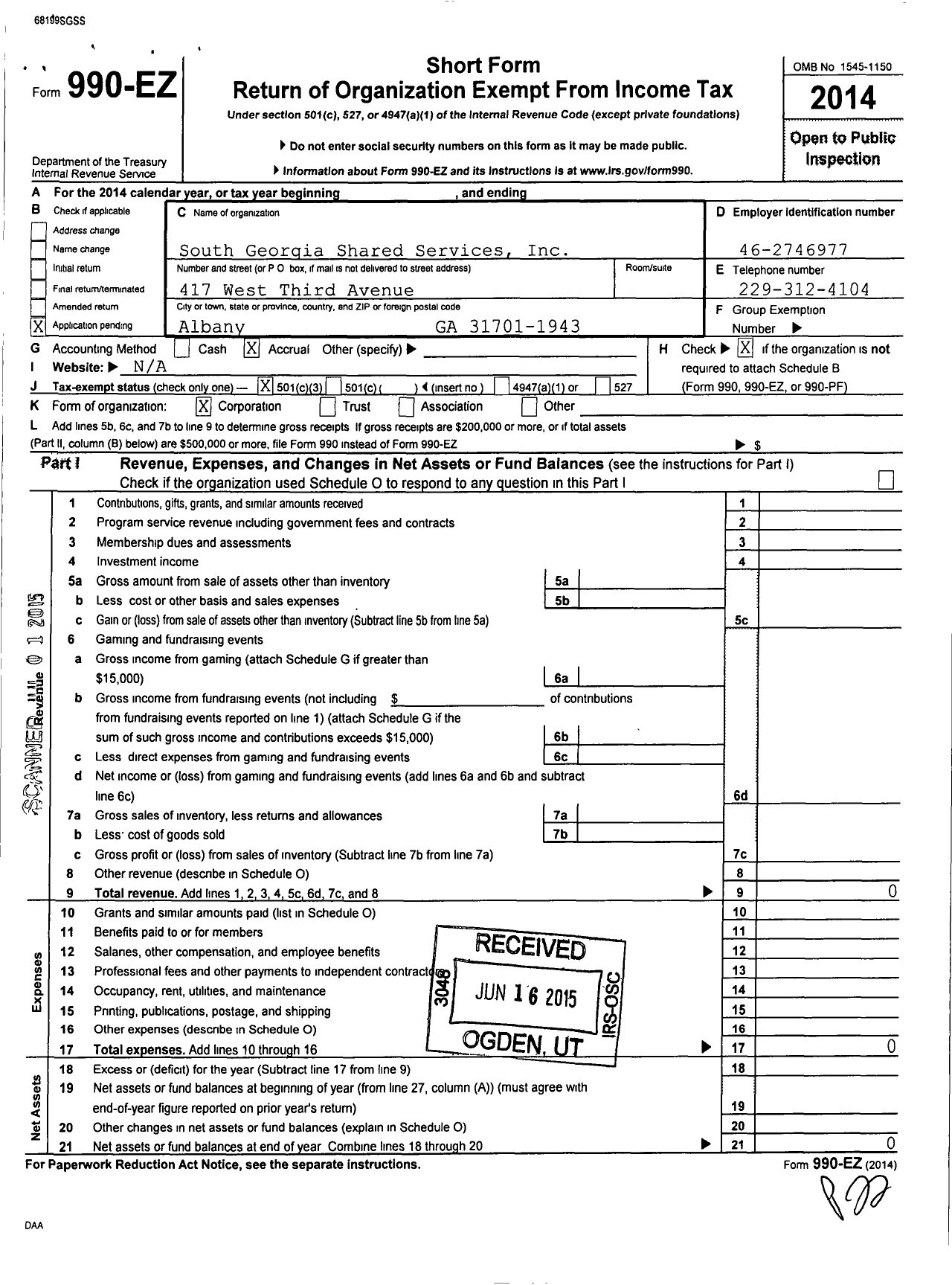 Image of first page of 2014 Form 990EZ for South Georgia Shared Services