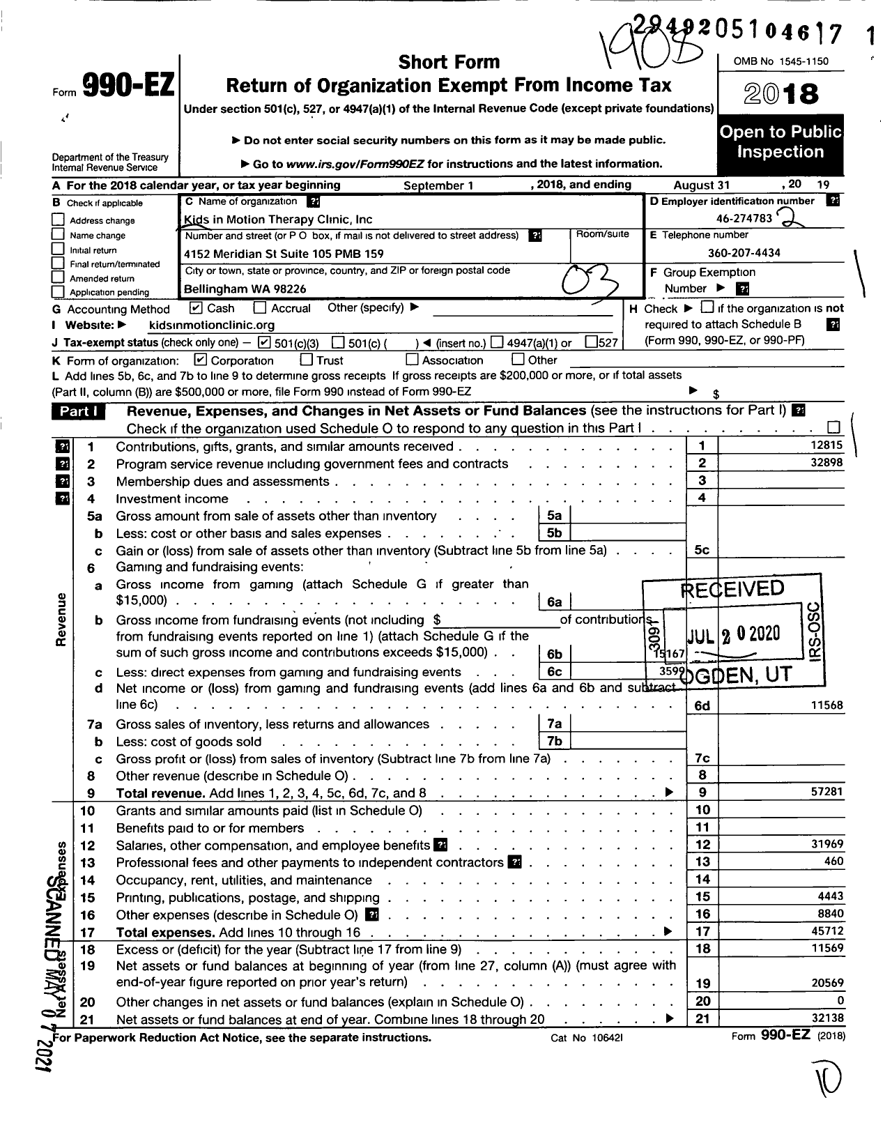 Image of first page of 2018 Form 990EZ for Kids In Motion Therapy