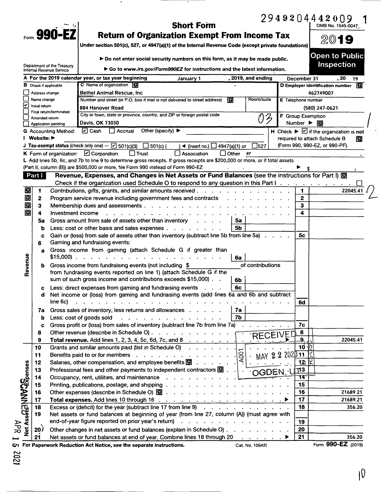 Image of first page of 2019 Form 990EZ for Bethel Animal Rescue