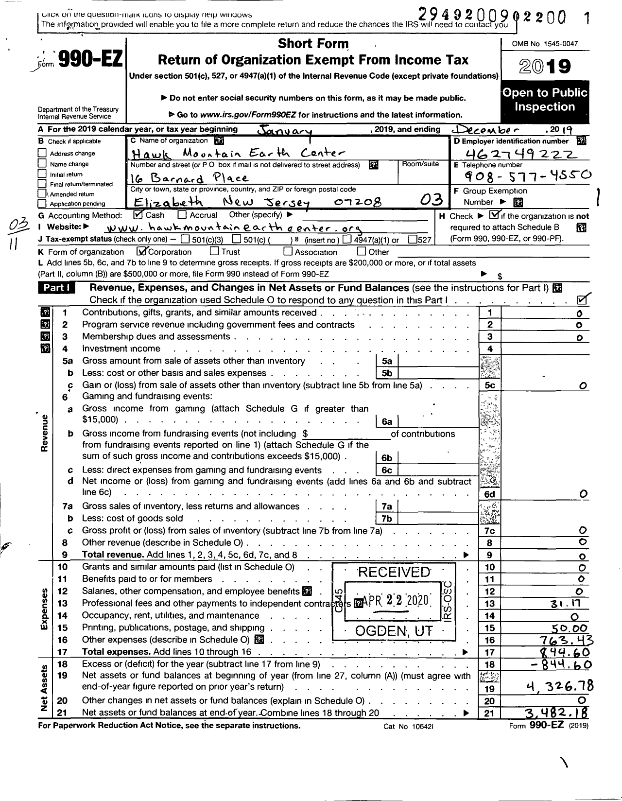 Image of first page of 2019 Form 990EZ for Hawk Mountain Earth Center