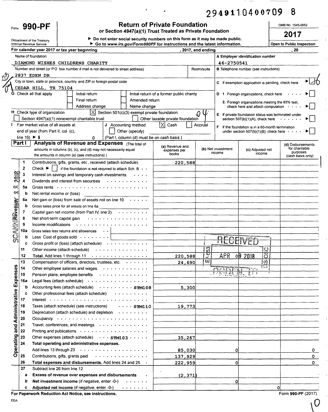 Image of first page of 2017 Form 990PF for Diamond Wishes Childrens Charity