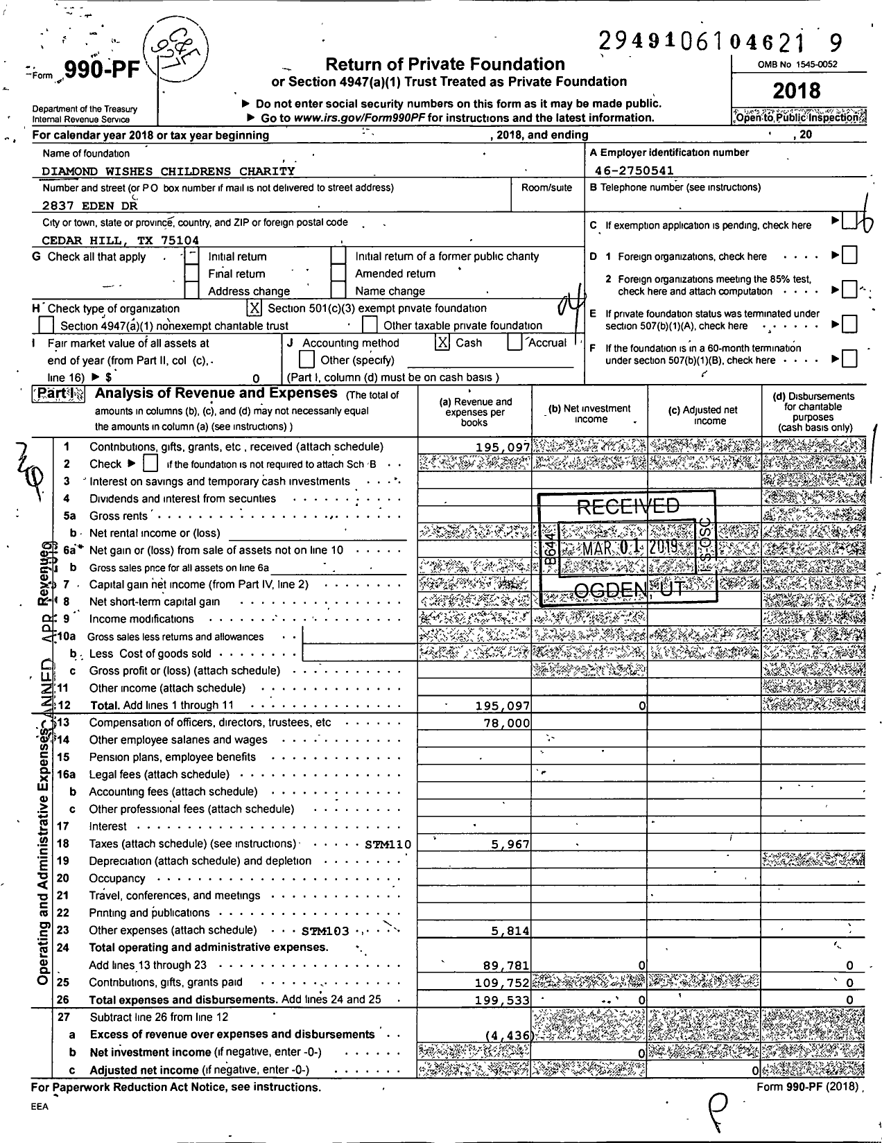 Image of first page of 2018 Form 990PF for Diamond Wishes Childrens Charity