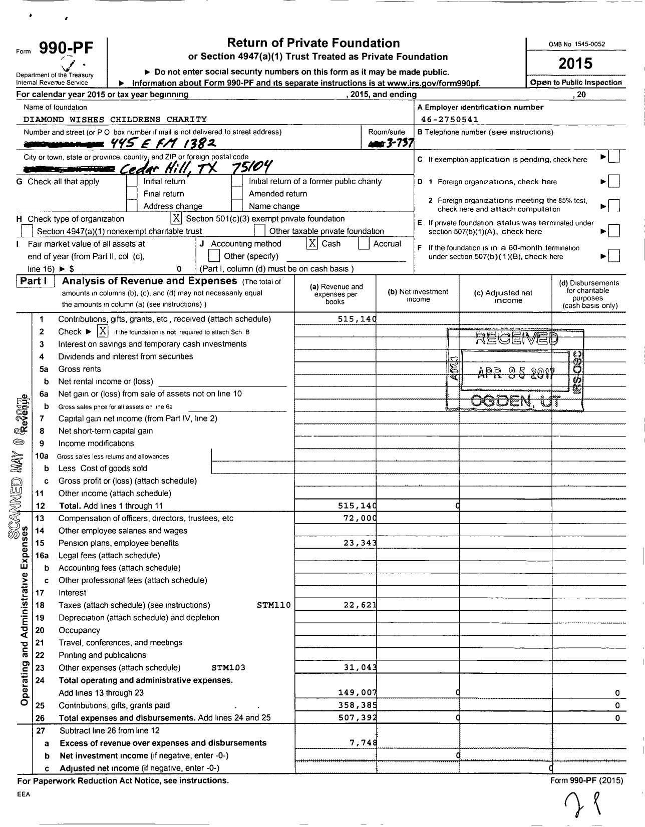 Image of first page of 2015 Form 990PF for Diamond Wishes Childrens Charity