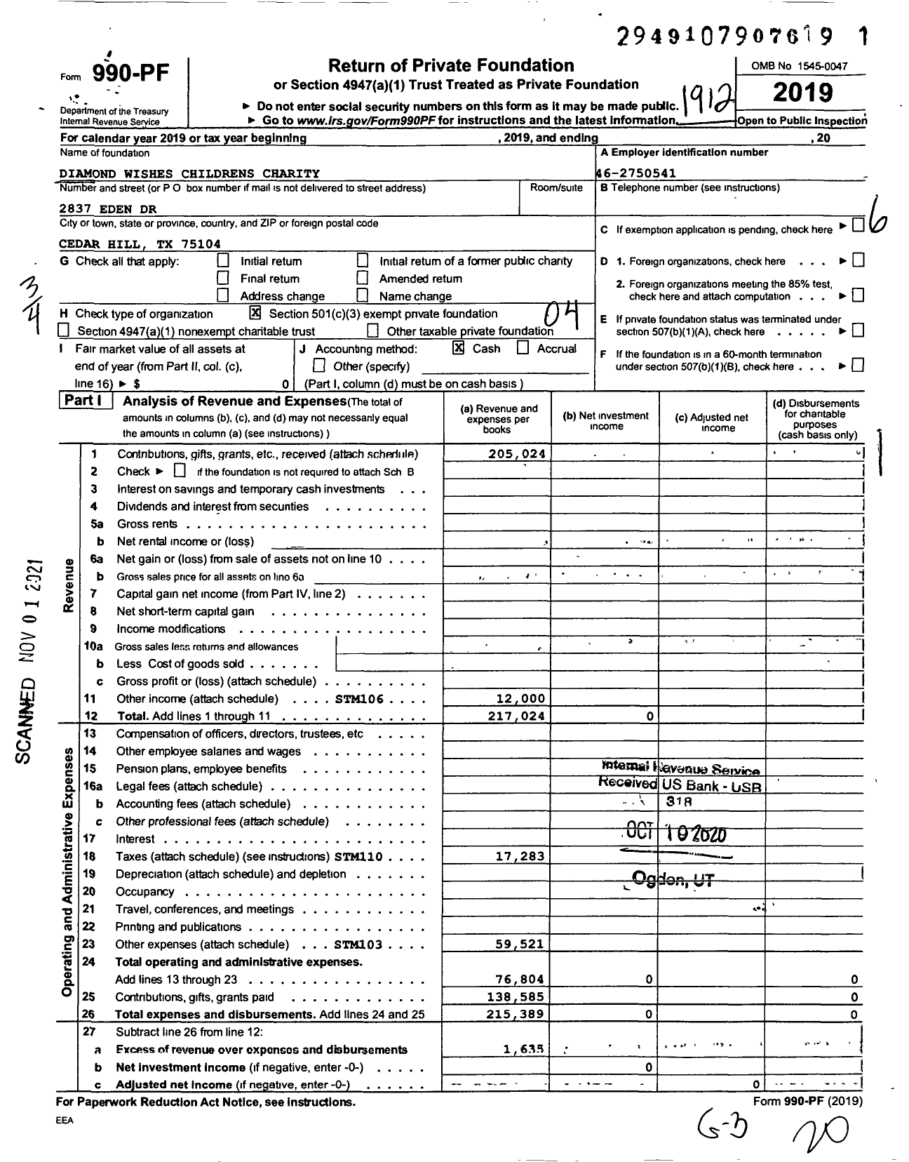 Image of first page of 2019 Form 990PF for Diamond Wishes Childrens Charity