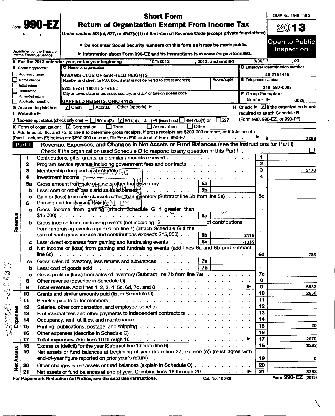 Image of first page of 2012 Form 990EO for Kiwanis International - K18426 Garfield Heights
