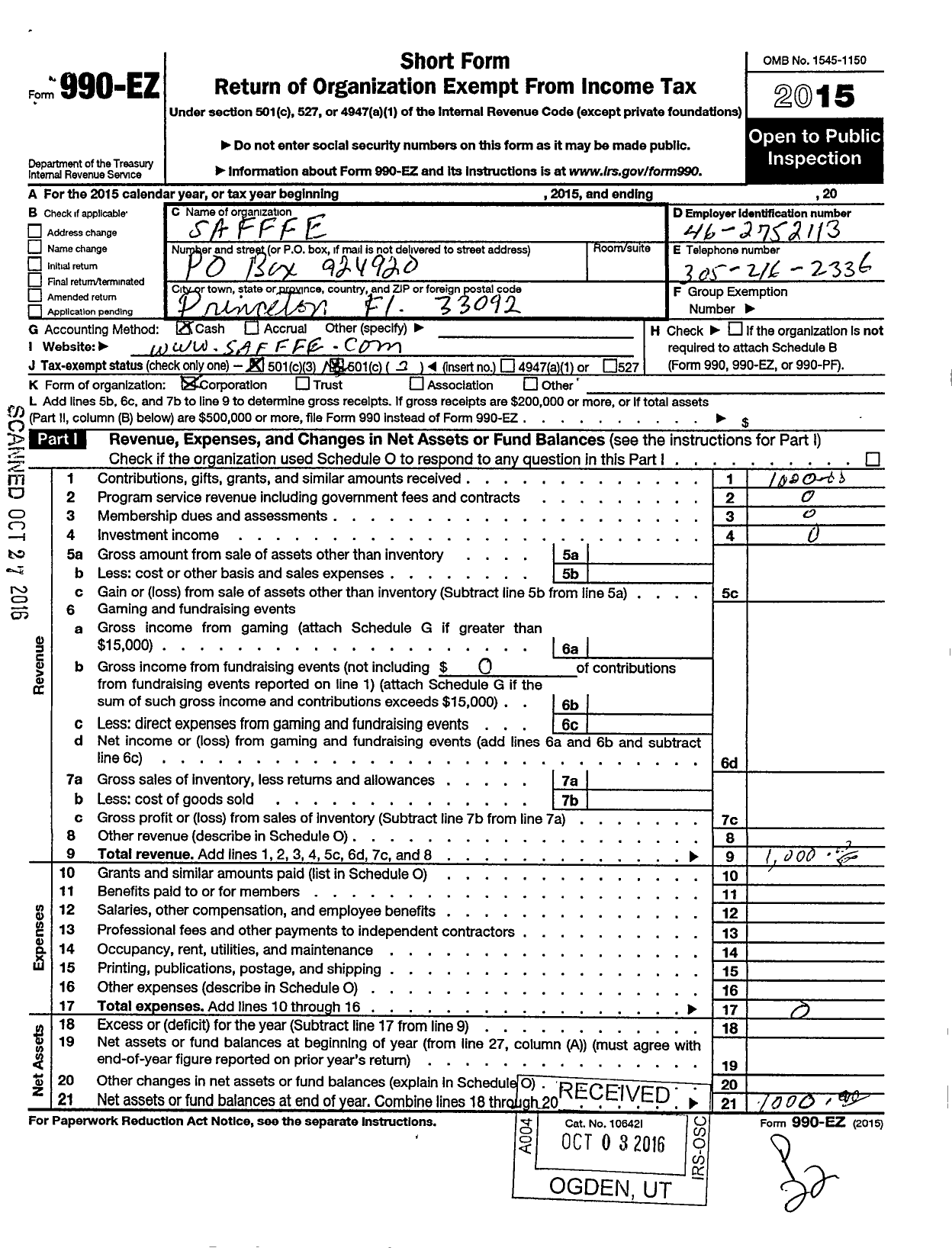 Image of first page of 2015 Form 990EZ for Safffe