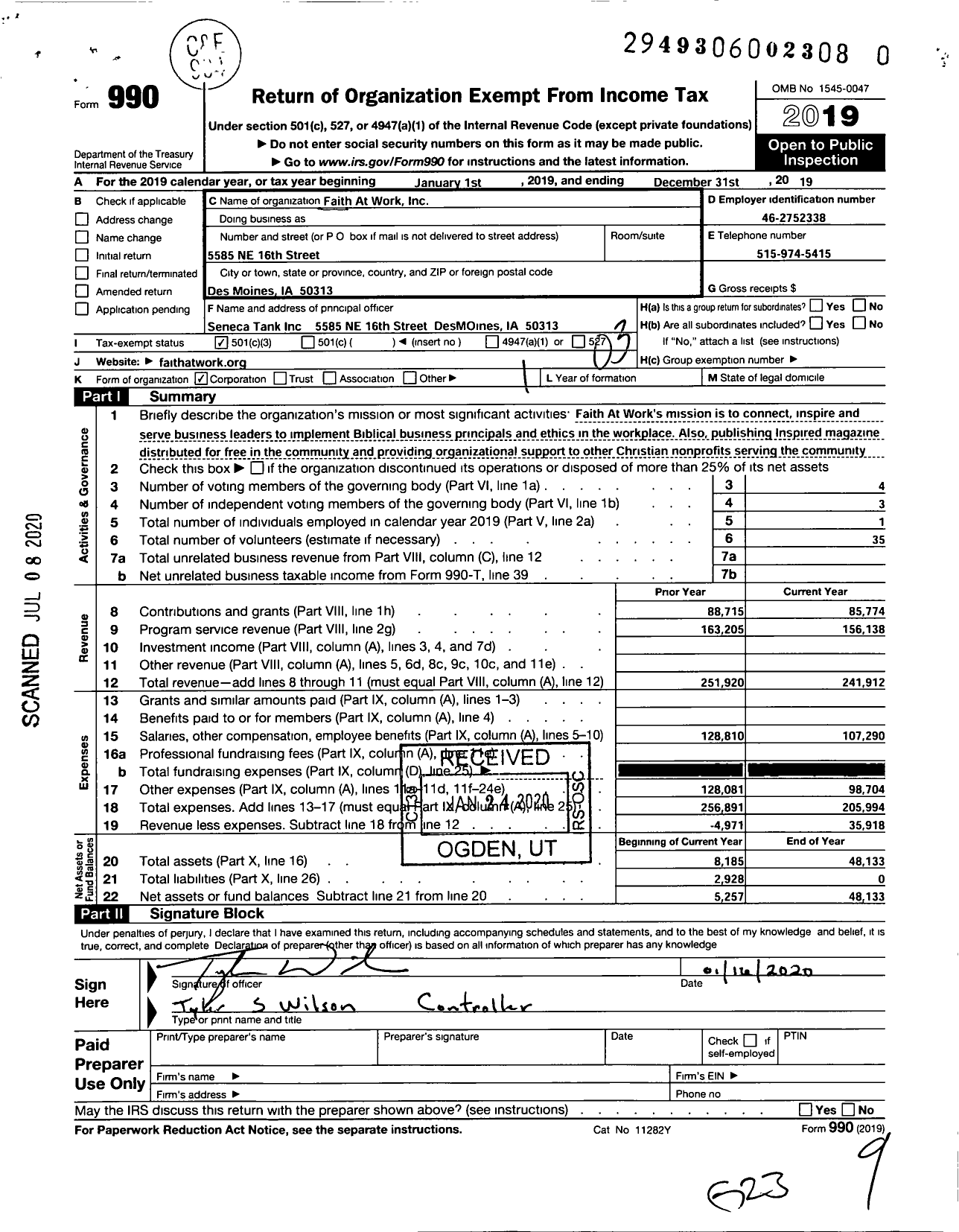 Image of first page of 2019 Form 990 for Faith at Work