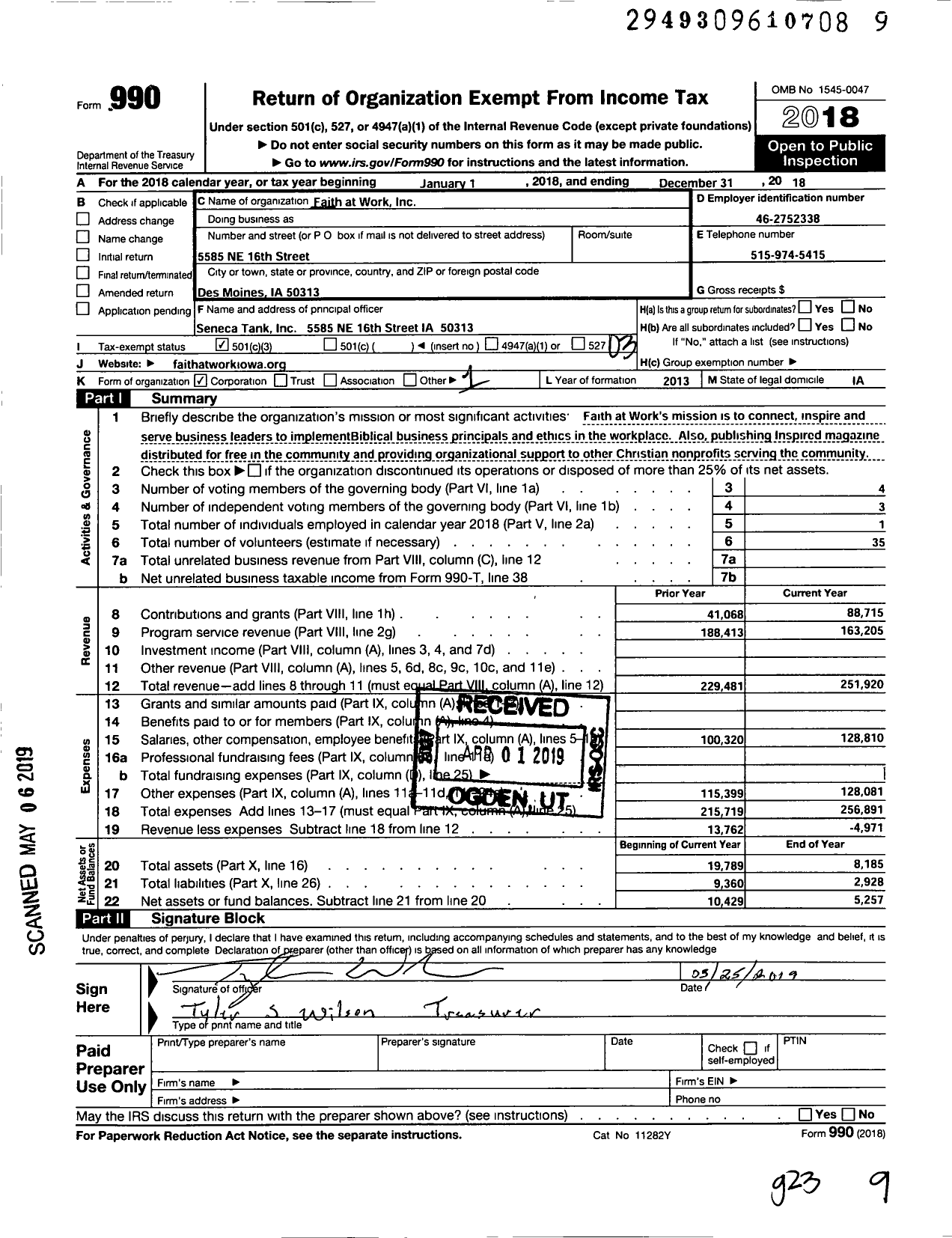 Image of first page of 2018 Form 990 for Faith at Work