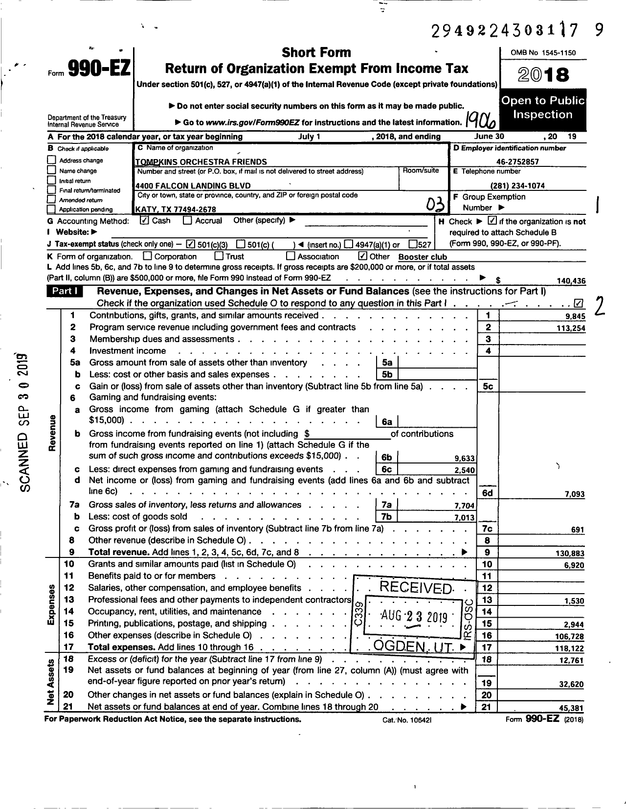 Image of first page of 2018 Form 990EZ for Tompkins Orchestra Friends