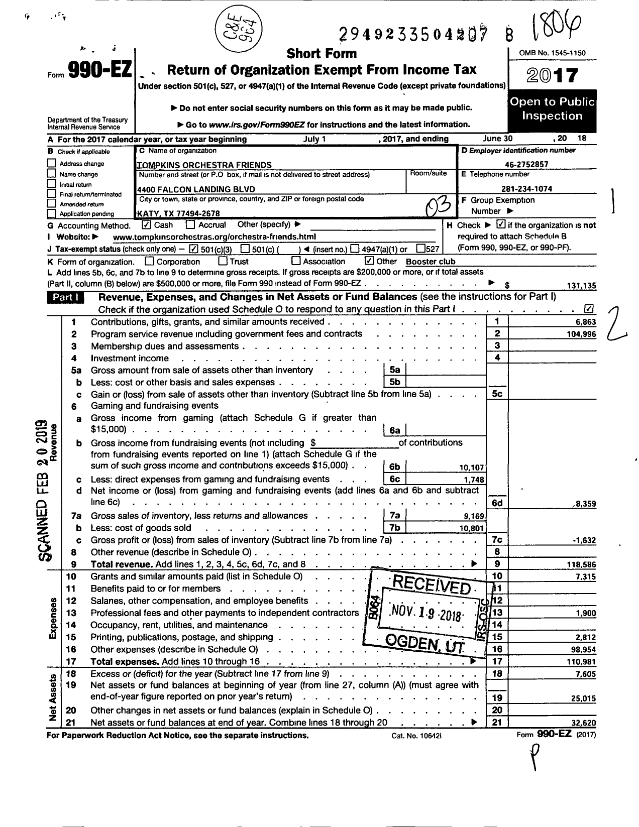 Image of first page of 2017 Form 990EZ for Tompkins Orchestra Friends