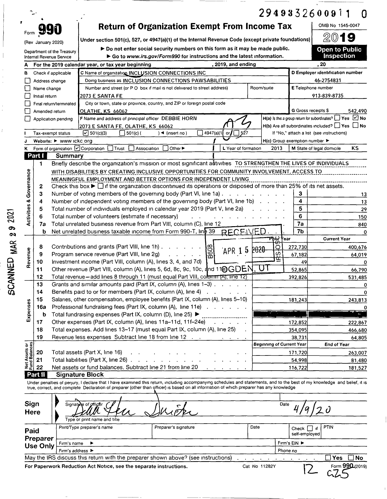 Image of first page of 2019 Form 990 for Inclusion Connections Pawsabilities