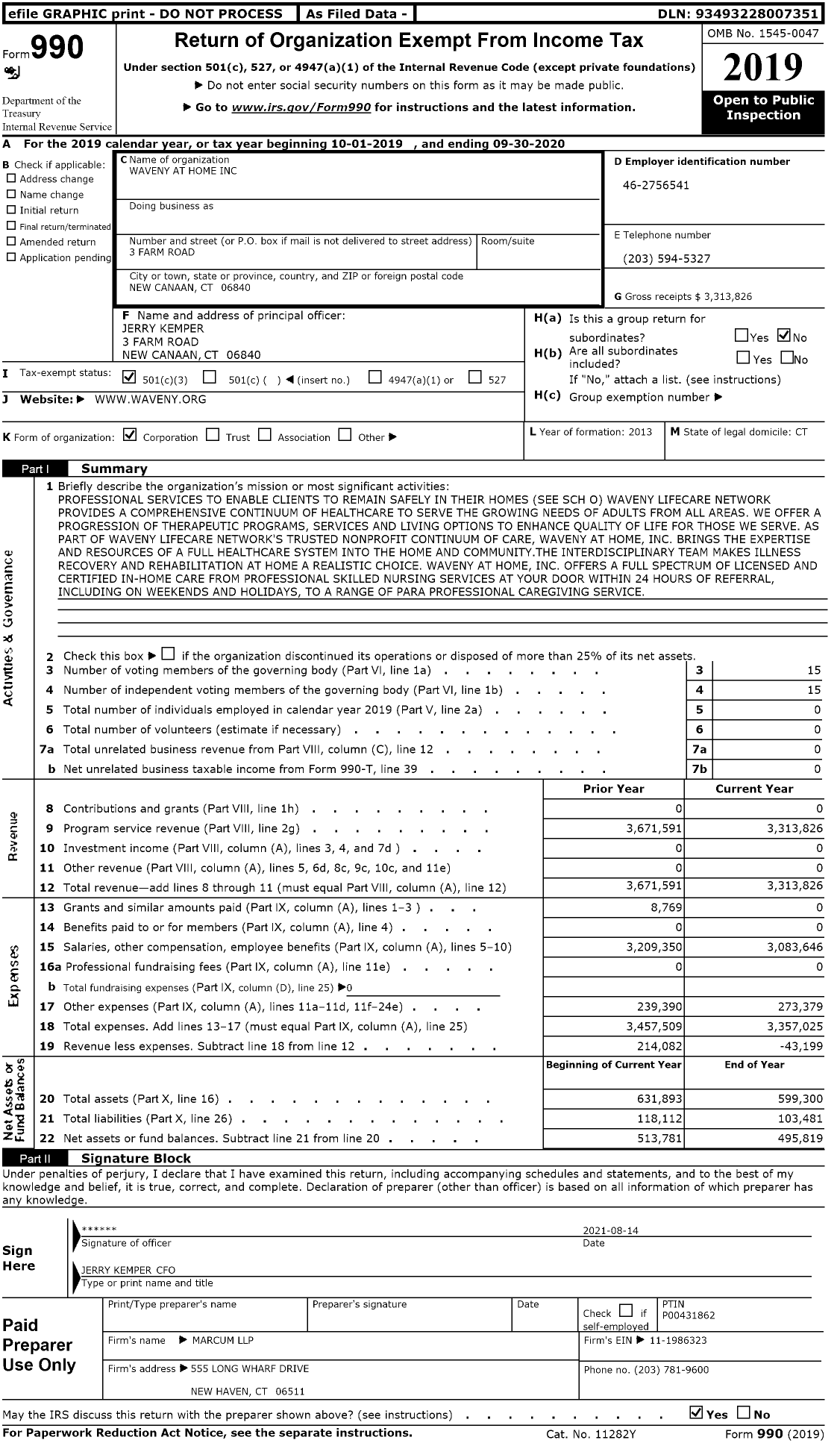 Image of first page of 2019 Form 990 for Waveny at Home