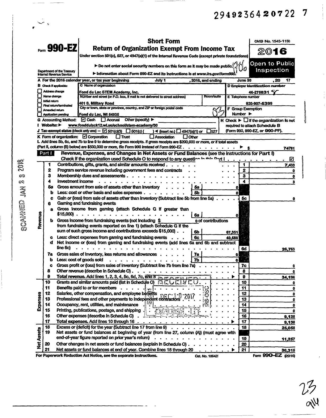 Image of first page of 2016 Form 990EZ for Fond Du Lac Stem Academy