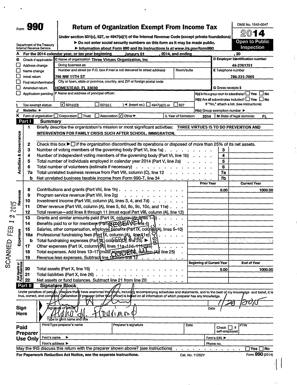 Image of first page of 2014 Form 990 for Three Virtues Organization