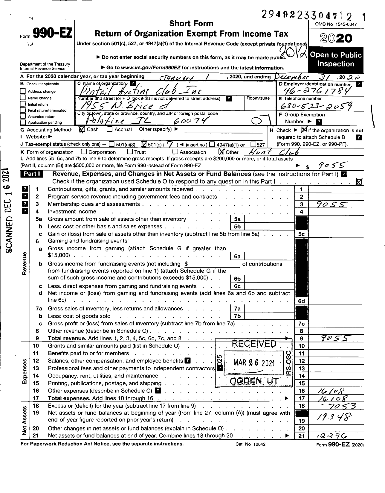 Image of first page of 2020 Form 990EO for Pintail Hunting Club