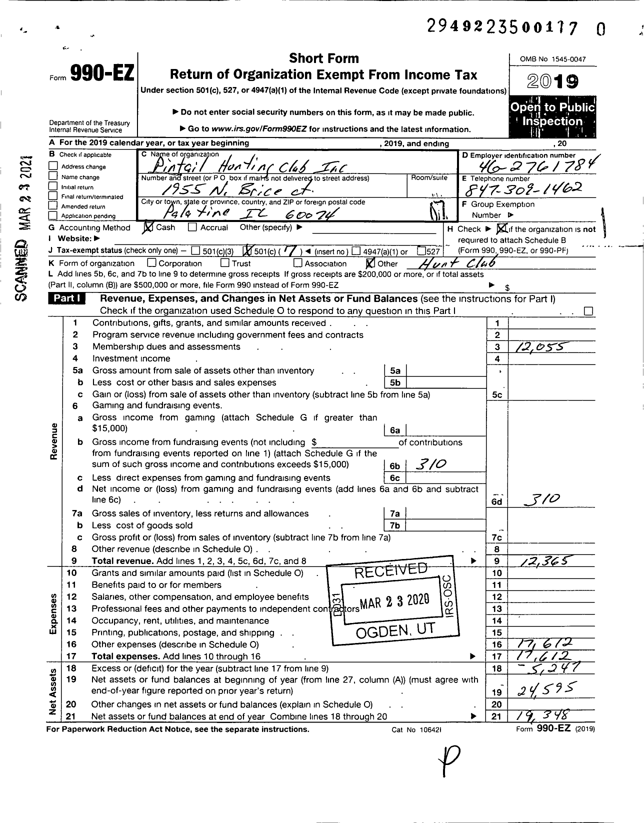 Image of first page of 2019 Form 990EO for Pintail Hunting Club