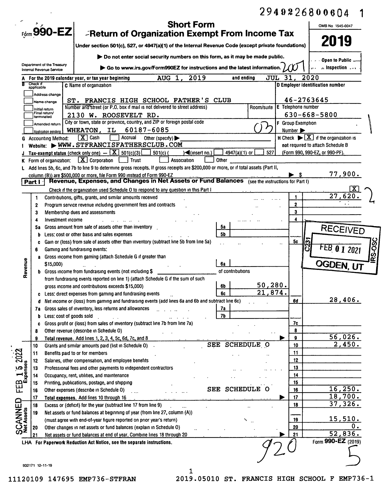 Image of first page of 2019 Form 990EZ for St Francis High School Father's Club