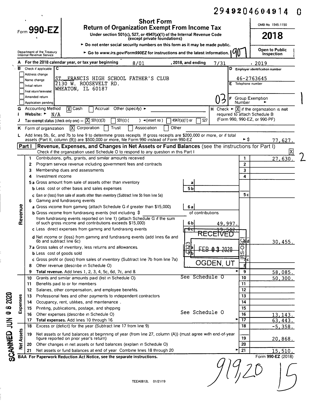 Image of first page of 2018 Form 990EZ for St Francis High School Father's Club