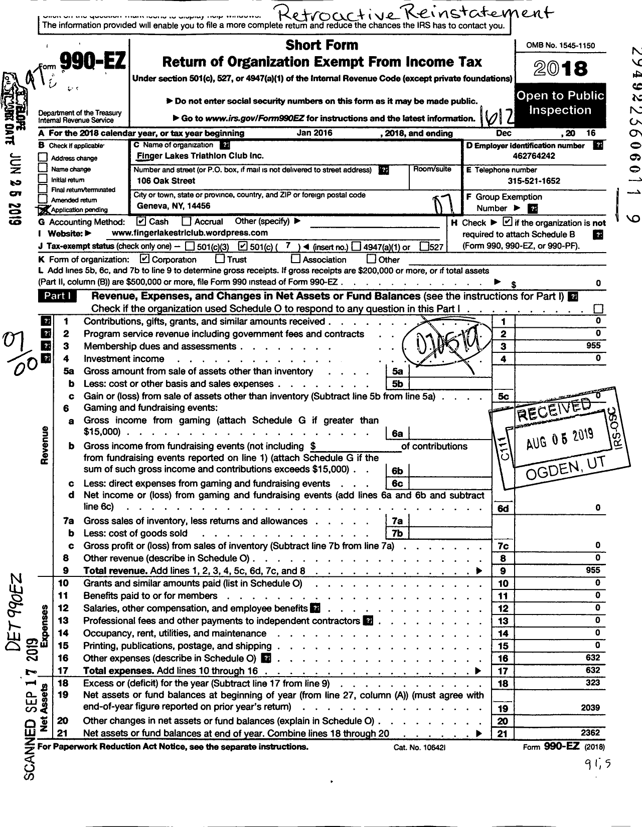 Image of first page of 2016 Form 990EO for Finger Lakes Triathlon Club