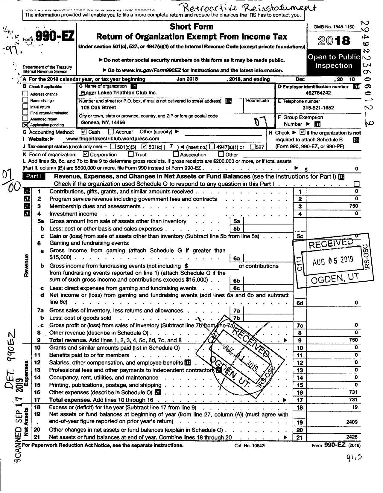 Image of first page of 2018 Form 990EO for Finger Lakes Triathlon Club