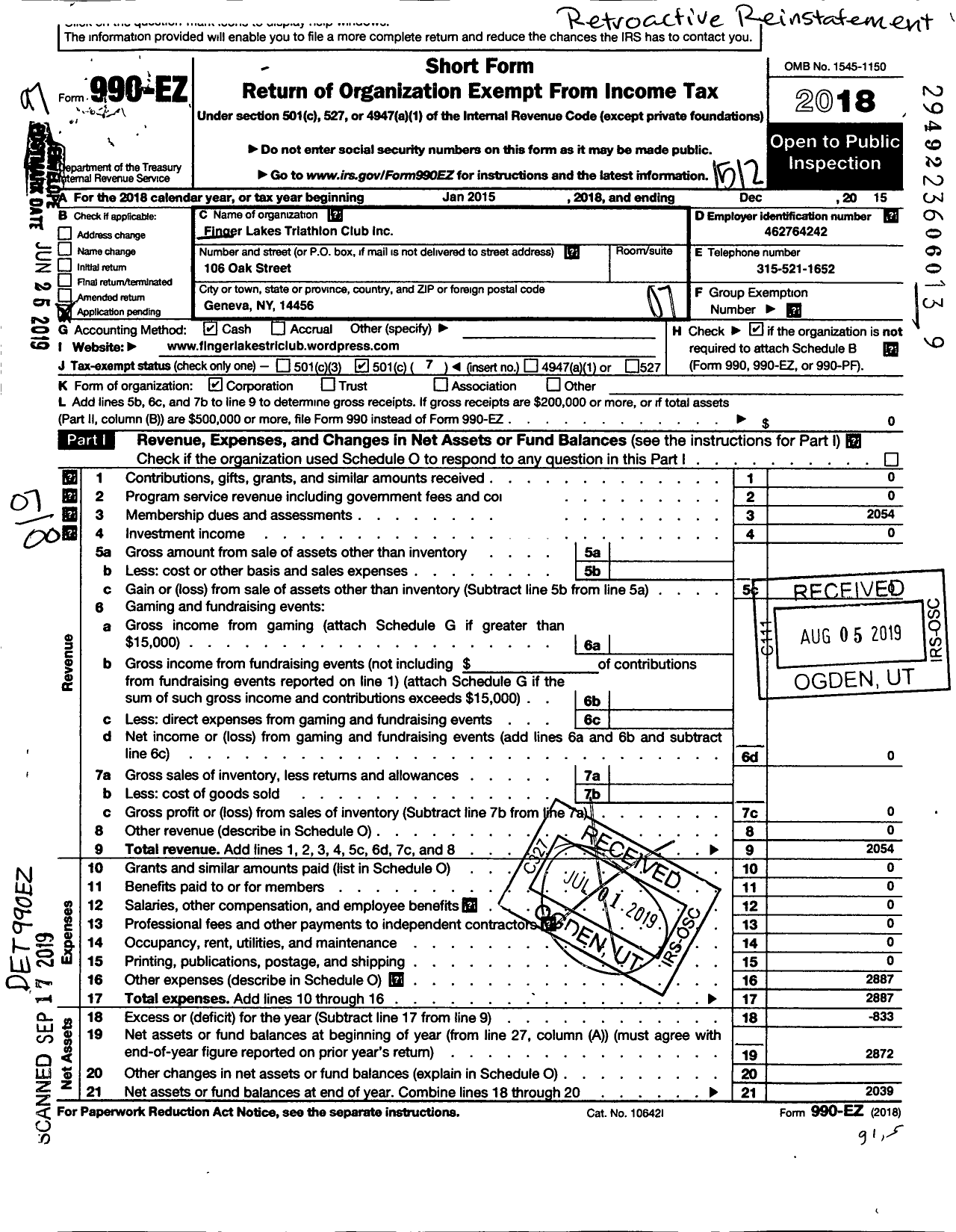 Image of first page of 2015 Form 990EO for Finger Lakes Triathlon Club