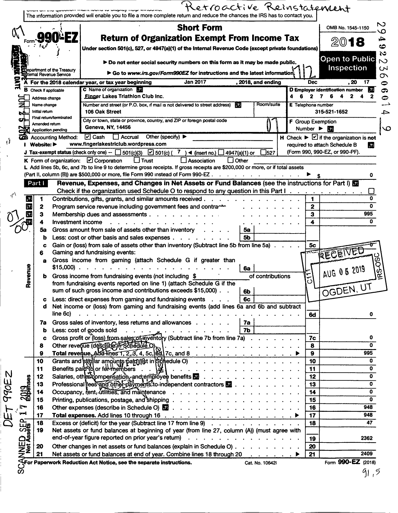 Image of first page of 2017 Form 990EO for Finger Lakes Triathlon Club