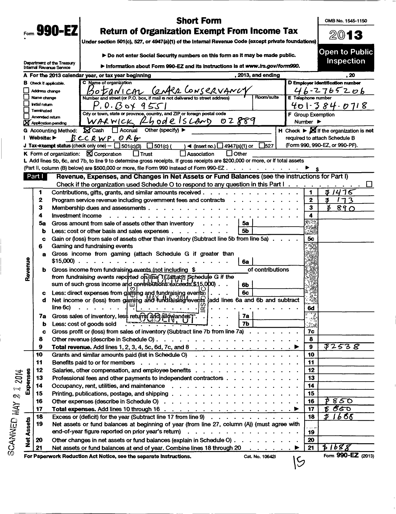 Image of first page of 2013 Form 990EO for Botanical Center Conservancy at Roger Williams Park