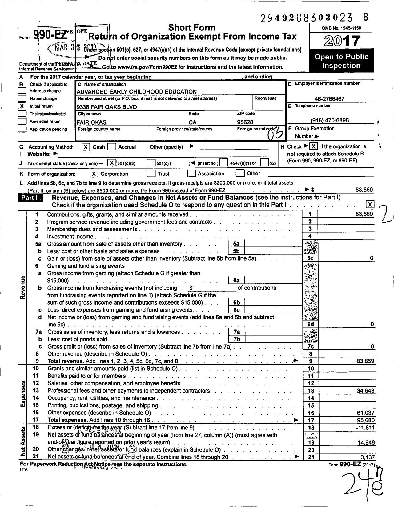 Image of first page of 2017 Form 990EZ for Advanced Early Childhood Education