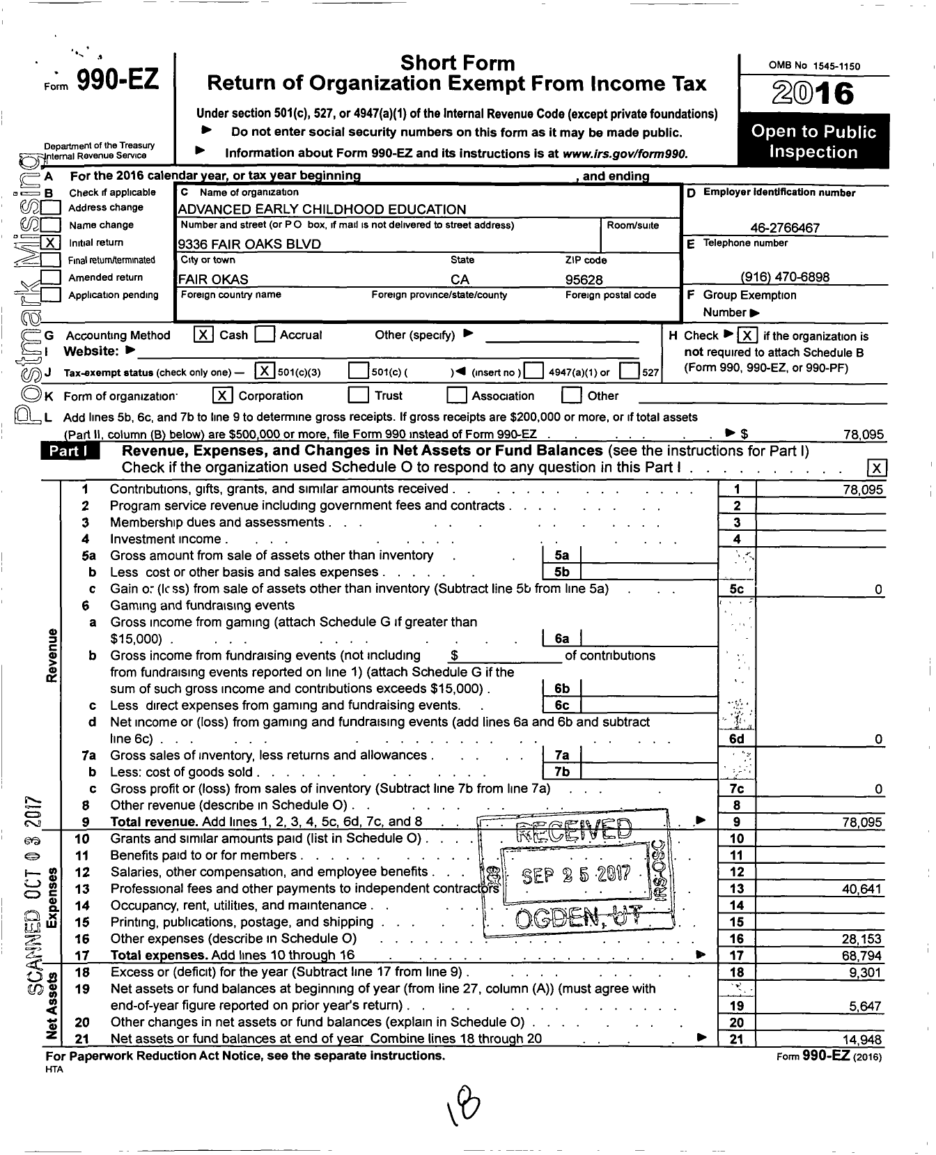 Image of first page of 2016 Form 990EZ for Advanced Early Childhood Education