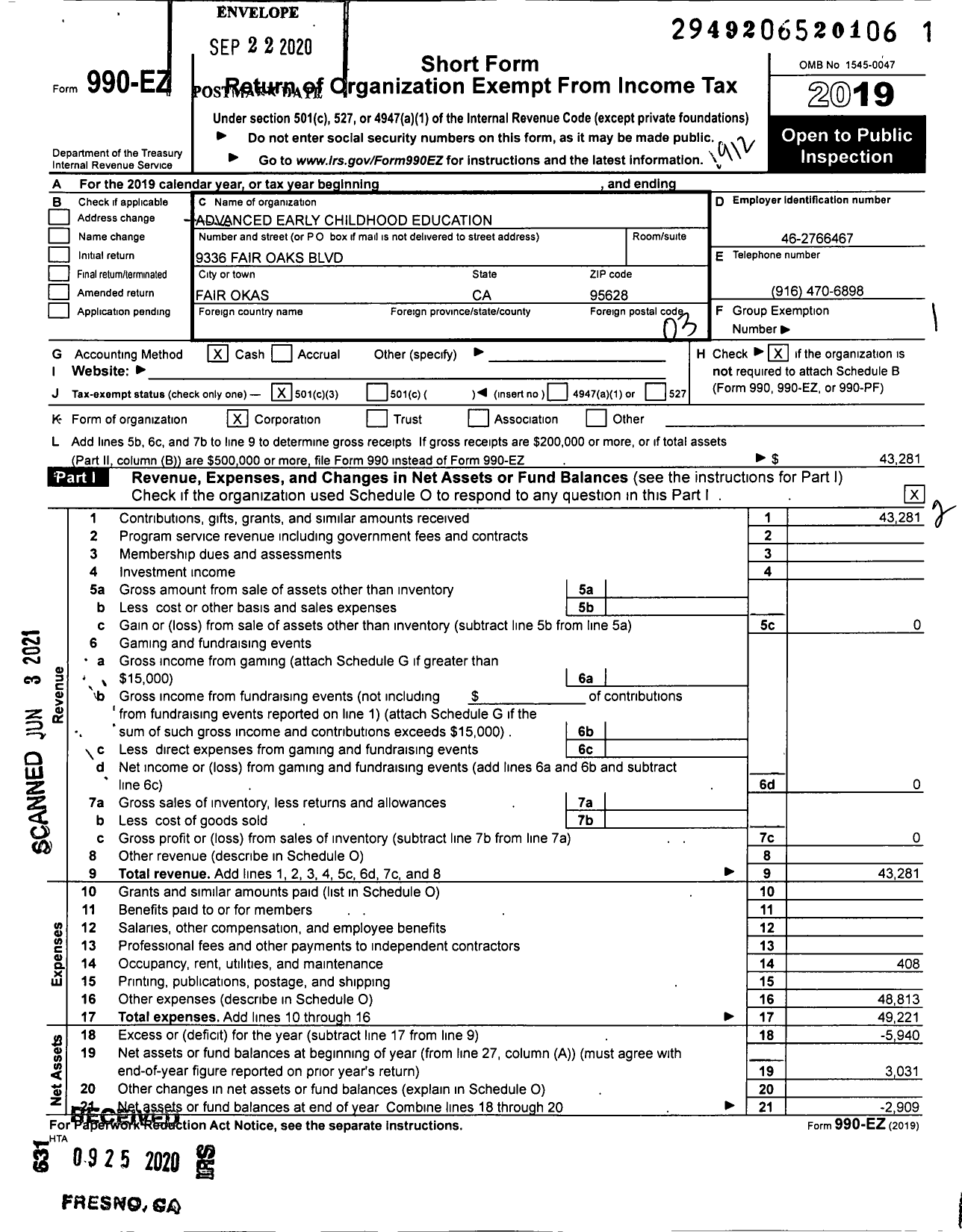 Image of first page of 2019 Form 990EZ for Advanced Early Childhood Education