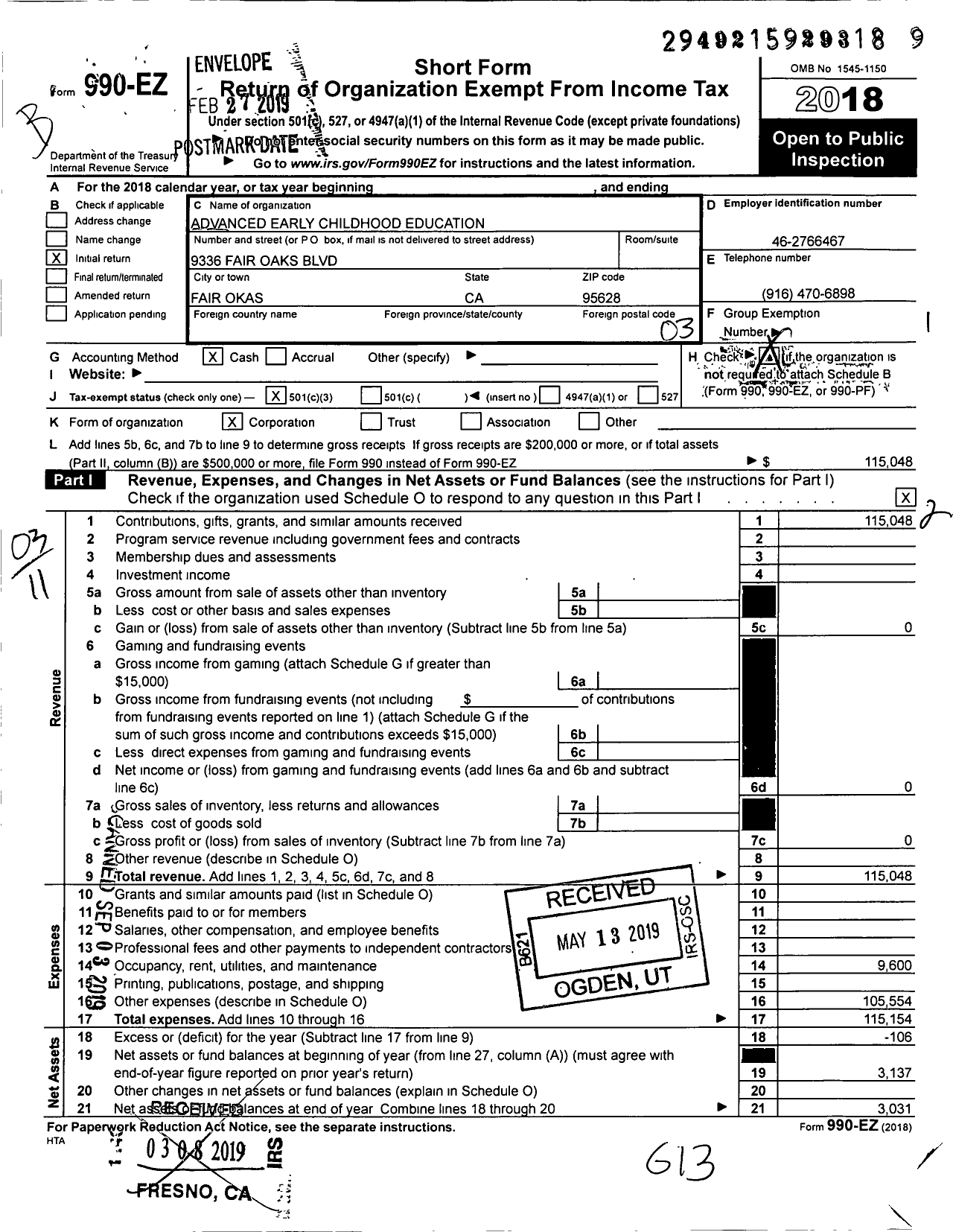 Image of first page of 2018 Form 990EZ for Advanced Early Childhood Education